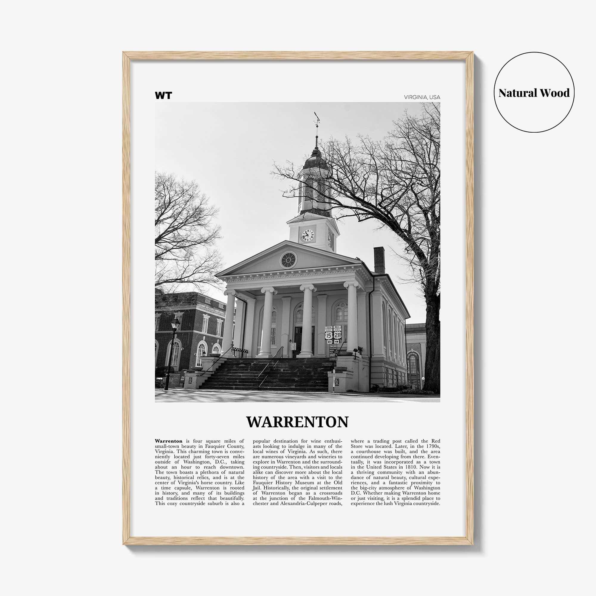 Warrenton Print Black and White, Warrenton Wall Art, Warrenton Poster, Warrenton Photo, Warrenton Wall Décor, Warrenton Map, Virginia, USA