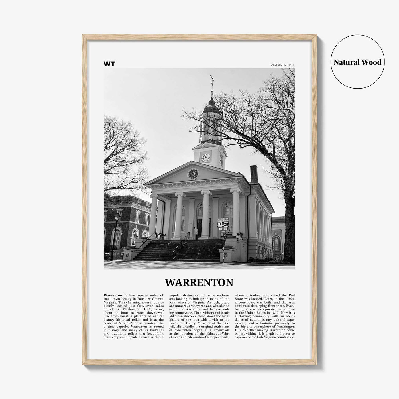 Warrenton Print Black and White, Warrenton Wall Art, Warrenton Poster, Warrenton Photo, Warrenton Wall Décor, Warrenton Map, Virginia, USA