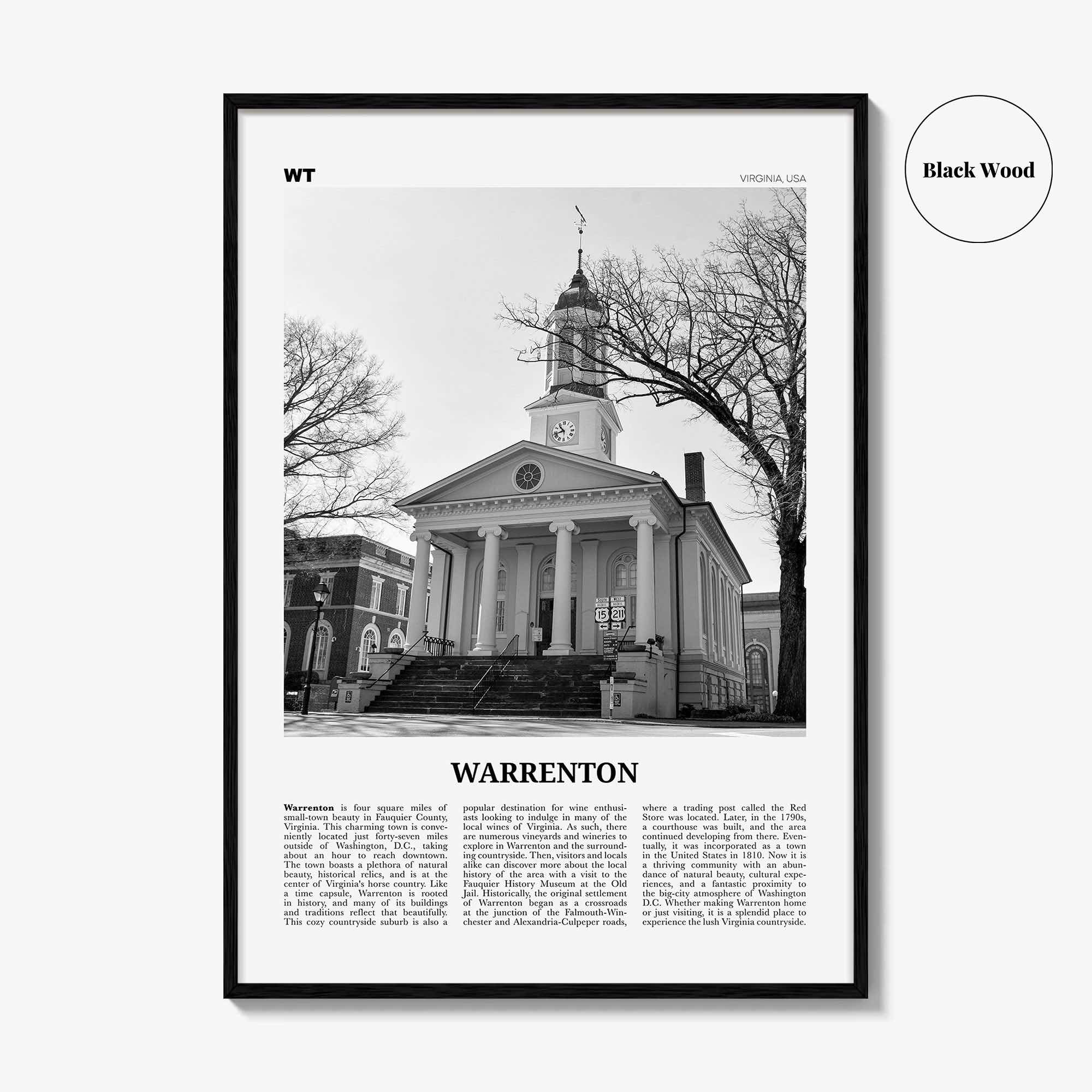 Warrenton Print Black and White, Warrenton Wall Art, Warrenton Poster, Warrenton Photo, Warrenton Wall Décor, Warrenton Map, Virginia, USA