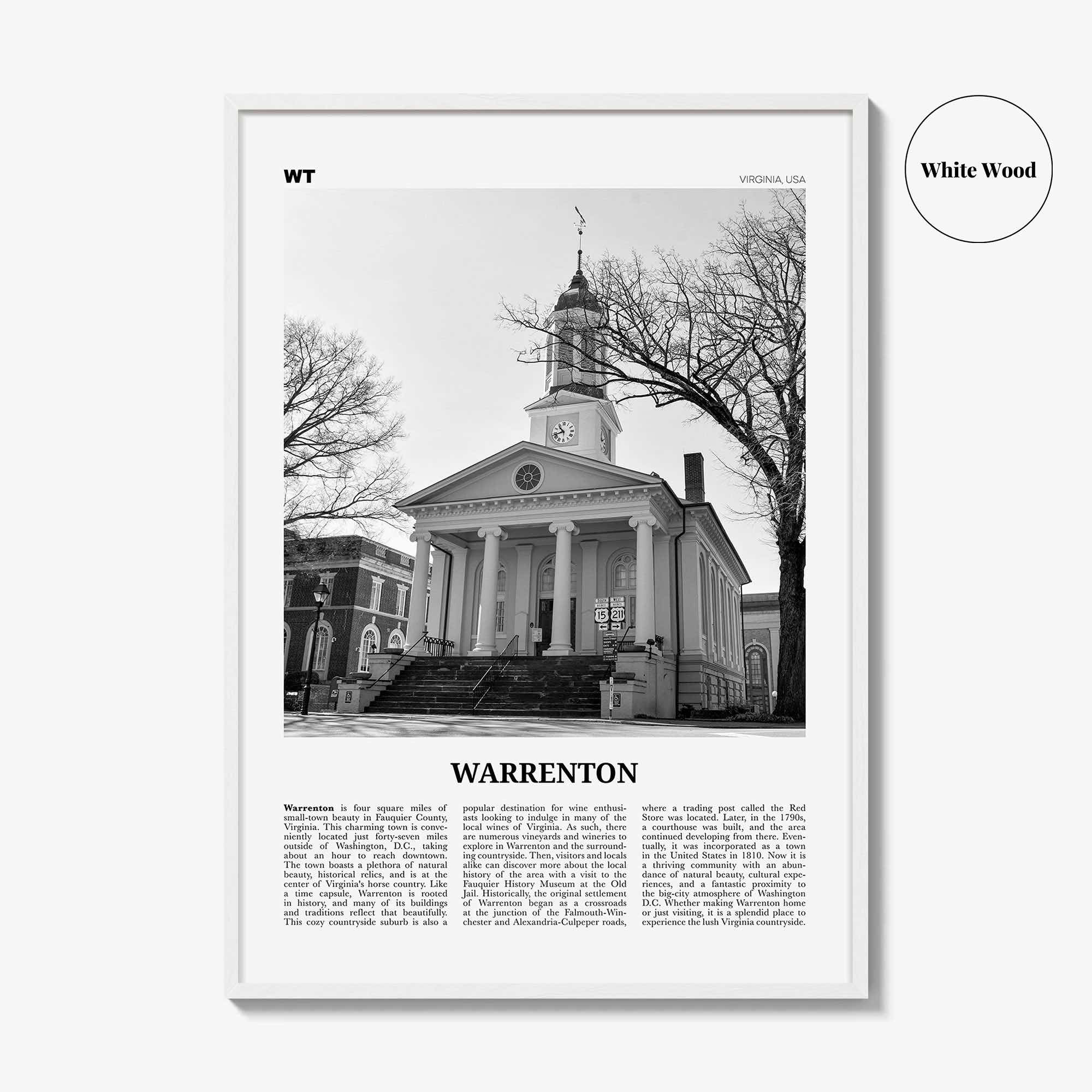 Warrenton Print Black and White, Warrenton Wall Art, Warrenton Poster, Warrenton Photo, Warrenton Wall Décor, Warrenton Map, Virginia, USA