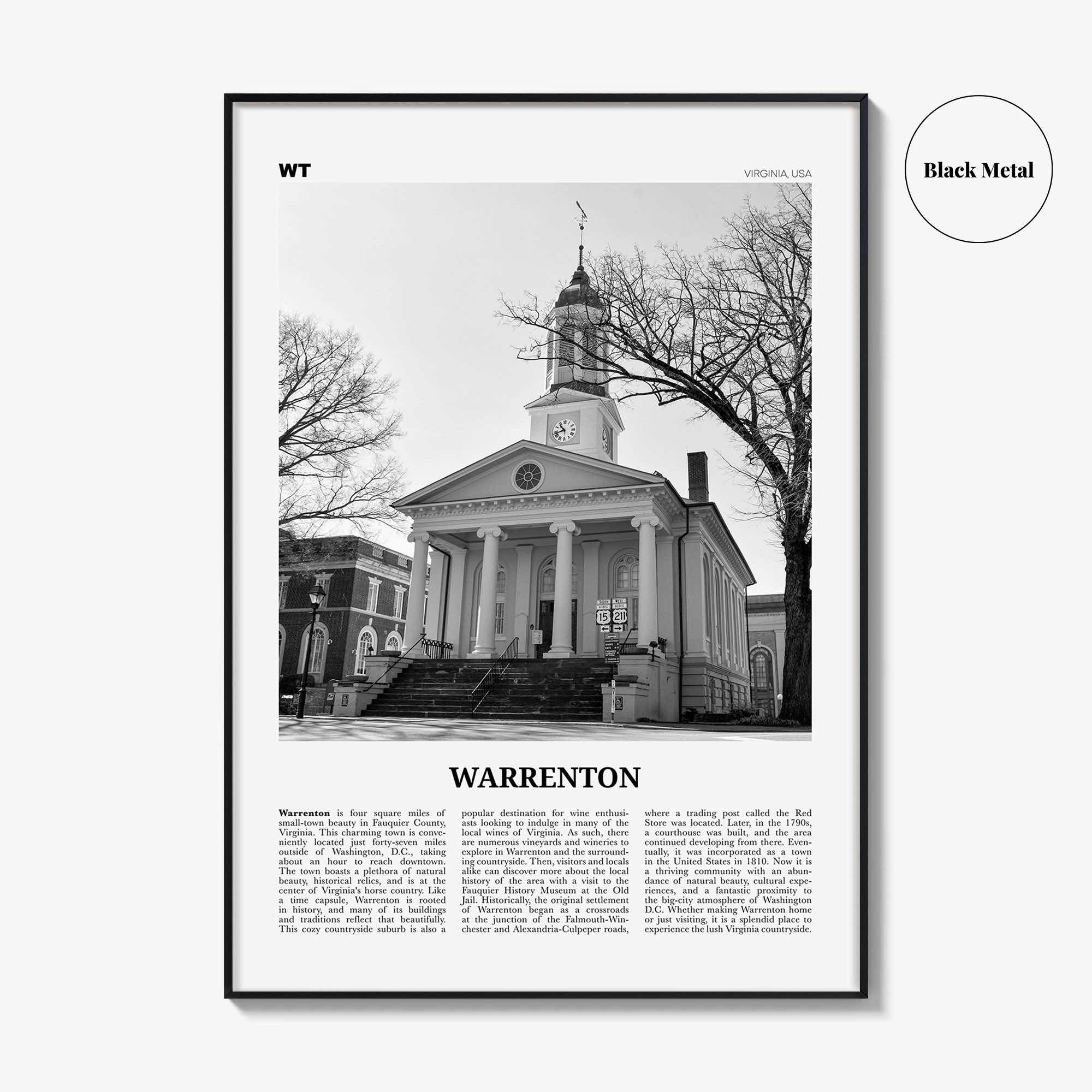 Warrenton Print Black and White, Warrenton Wall Art, Warrenton Poster, Warrenton Photo, Warrenton Wall Décor, Warrenton Map, Virginia, USA