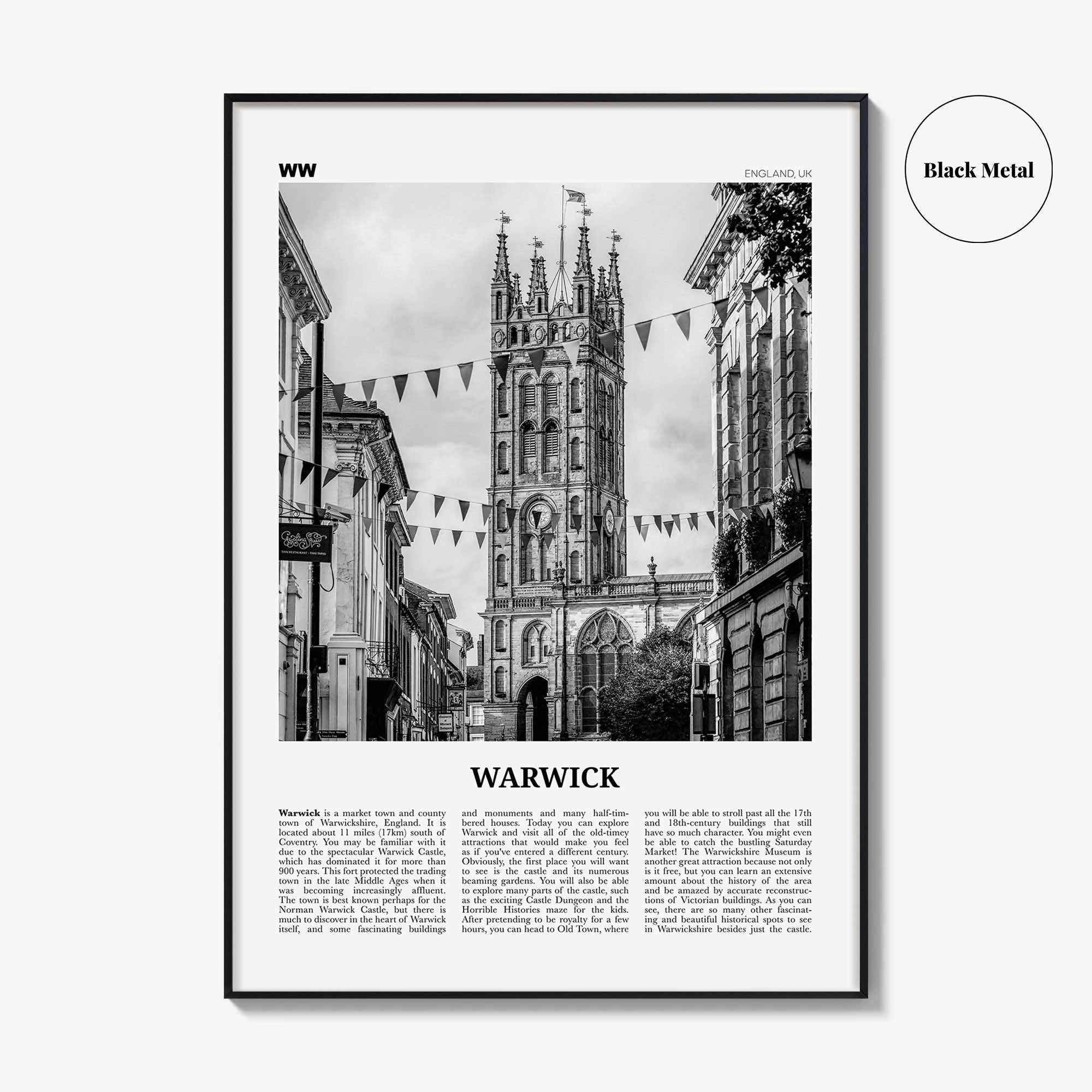 Warwick Print Black and White, Warwick Wall Art, Warwick Poster, Warwick Photo, Warwick Wall Décor, Warwickshire, England, United Kingdom