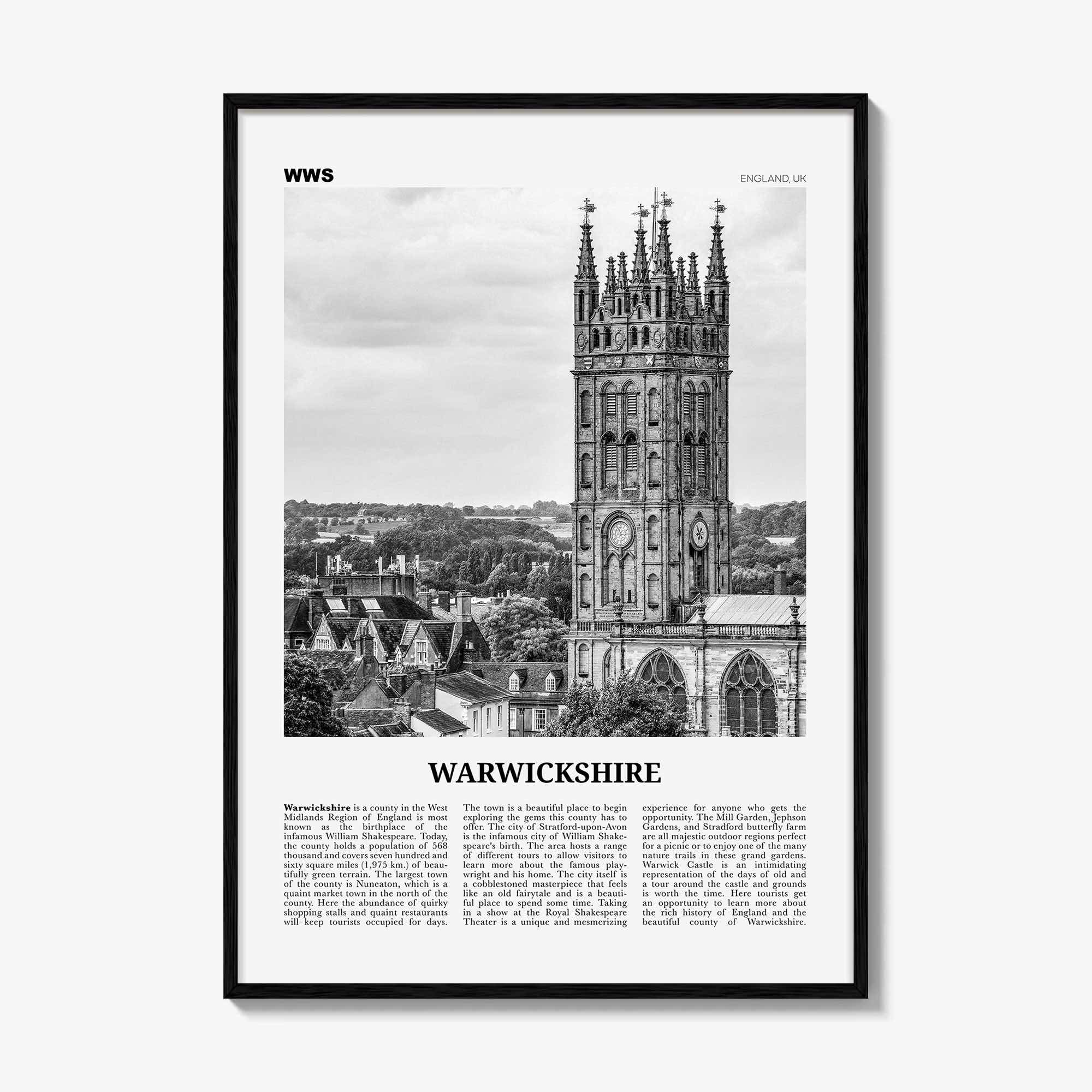 Warwickshire Print Black and White, Warwickshire Wall Art, Warwickshire Poster, Warwickshire Photo, Warwickshire Map, England, UK