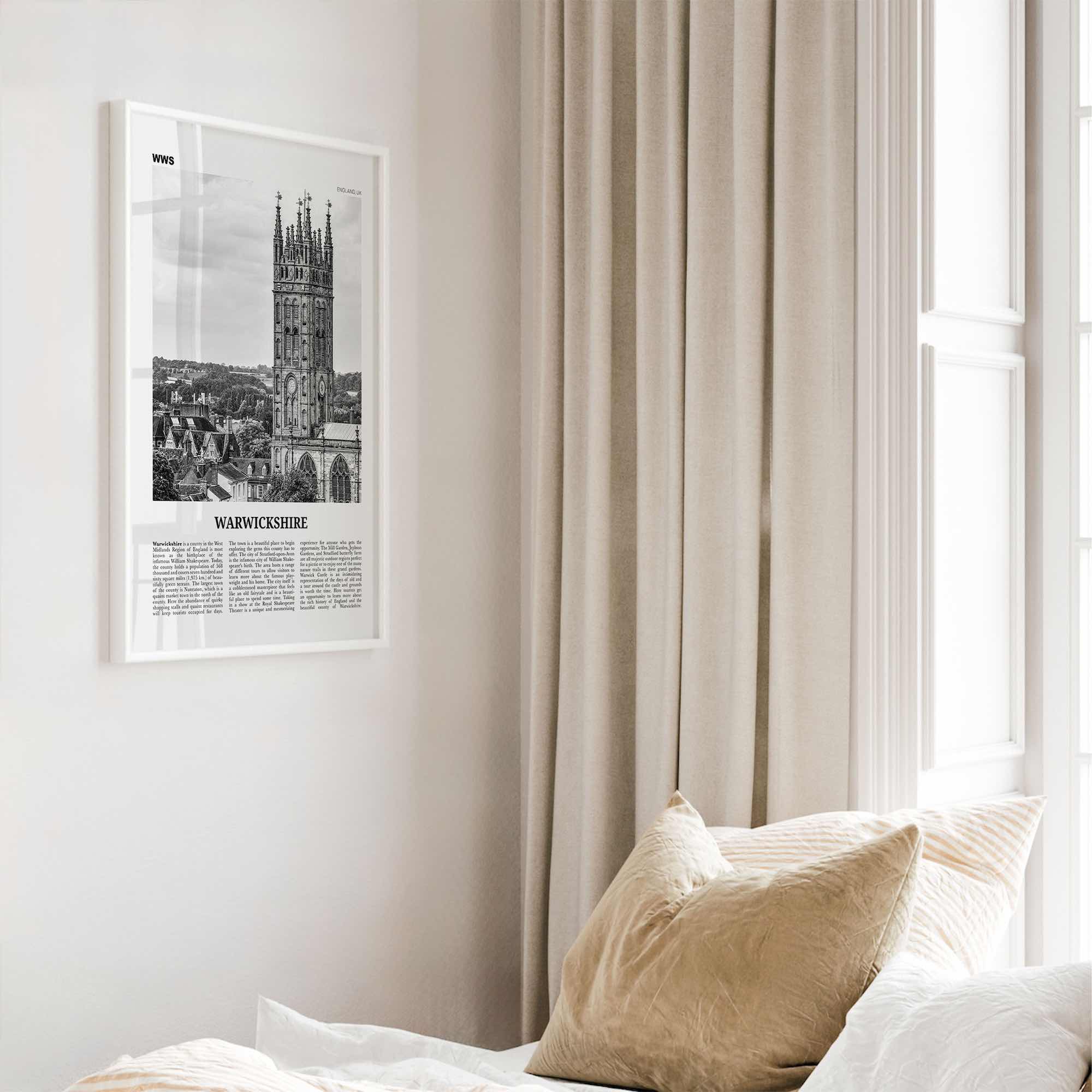 Warwickshire Print Black and White, Warwickshire Wall Art, Warwickshire Poster, Warwickshire Photo, Warwickshire Map, England, UK