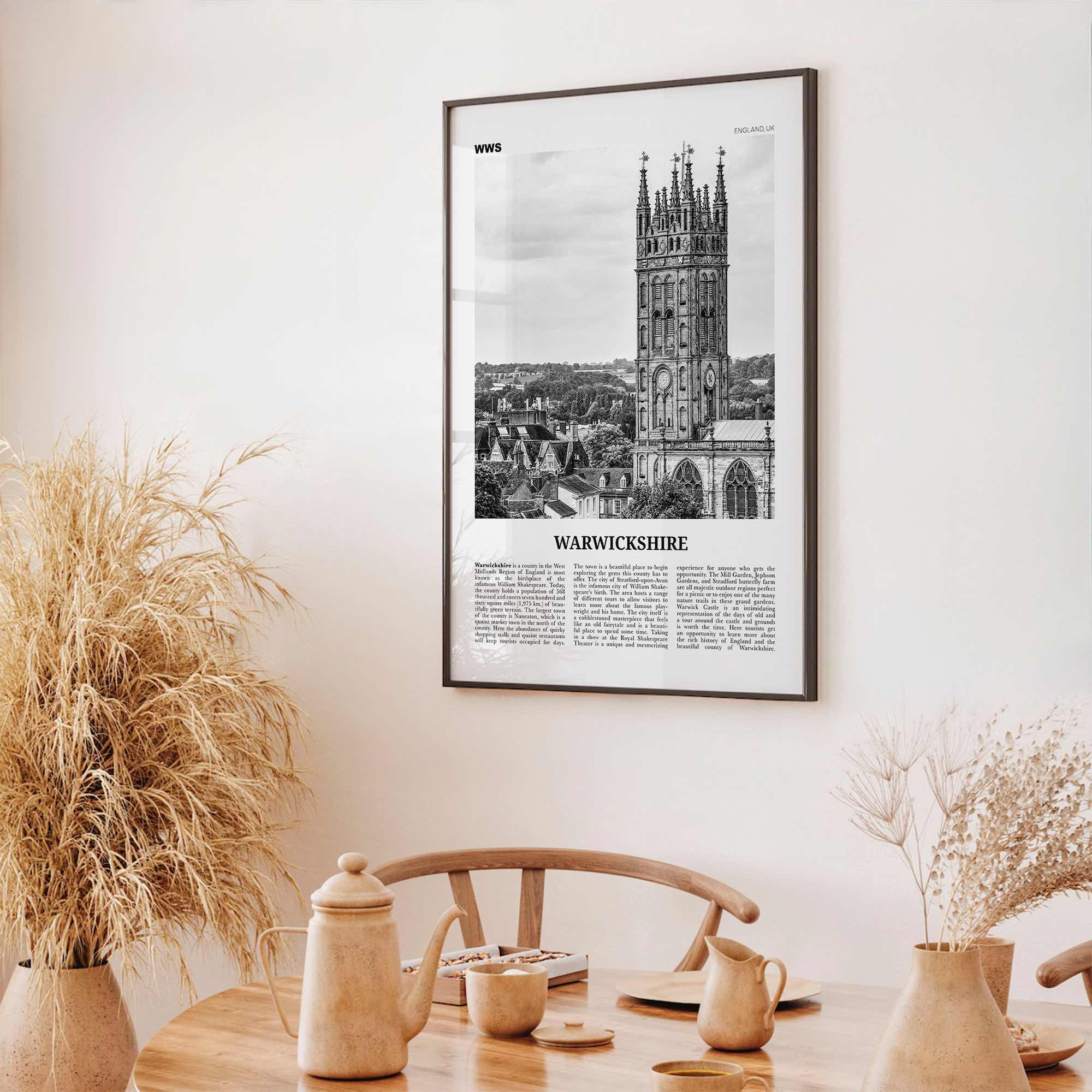 Warwickshire Print Black and White, Warwickshire Wall Art, Warwickshire Poster, Warwickshire Photo, Warwickshire Map, England, UK