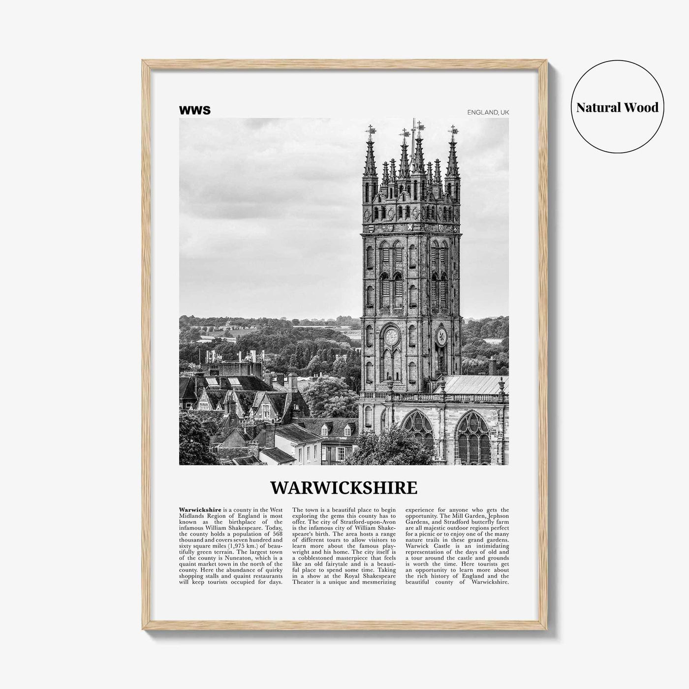 Warwickshire Print Black and White, Warwickshire Wall Art, Warwickshire Poster, Warwickshire Photo, Warwickshire Map, England, UK