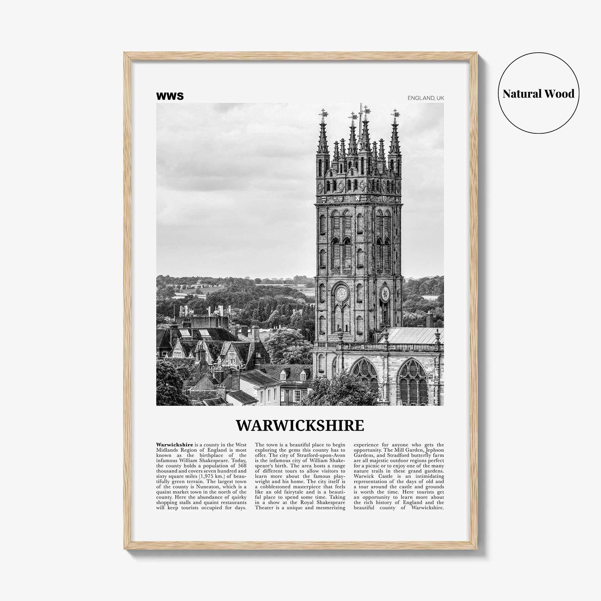 Warwickshire Print Black and White, Warwickshire Wall Art, Warwickshire Poster, Warwickshire Photo, Warwickshire Map, England, UK