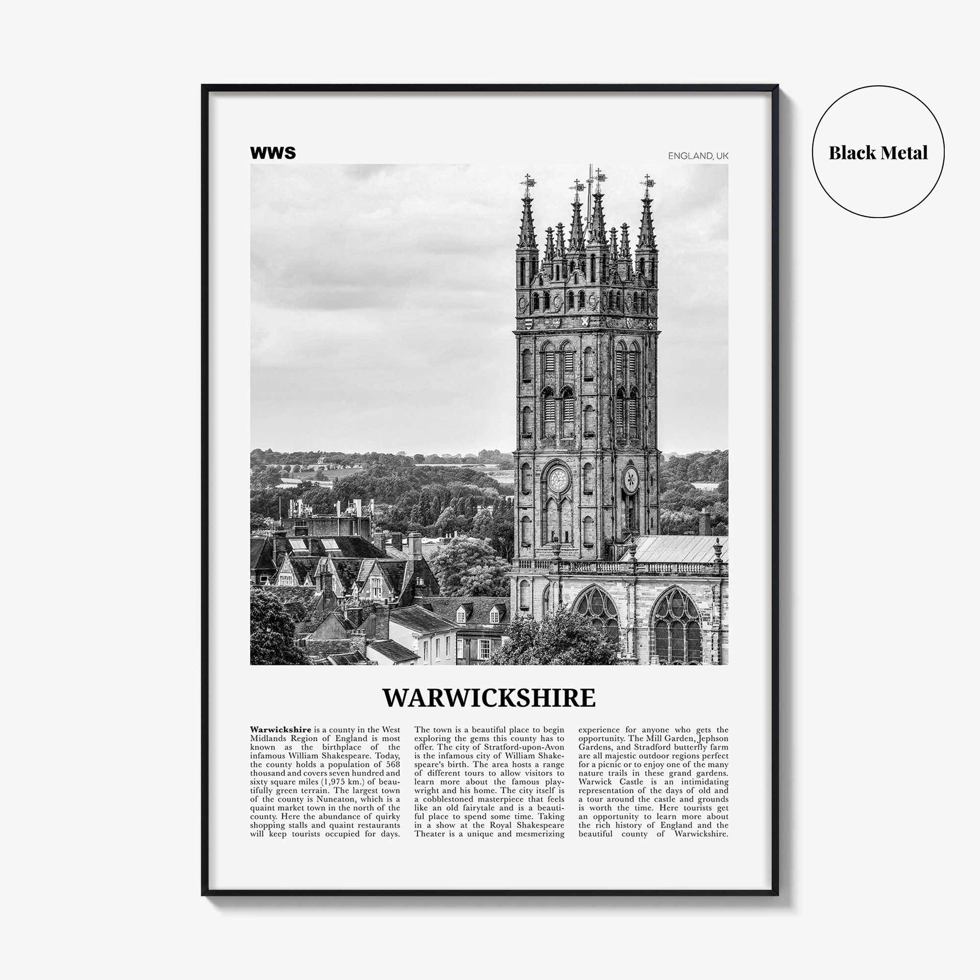 Warwickshire Print Black and White, Warwickshire Wall Art, Warwickshire Poster, Warwickshire Photo, Warwickshire Map, England, UK