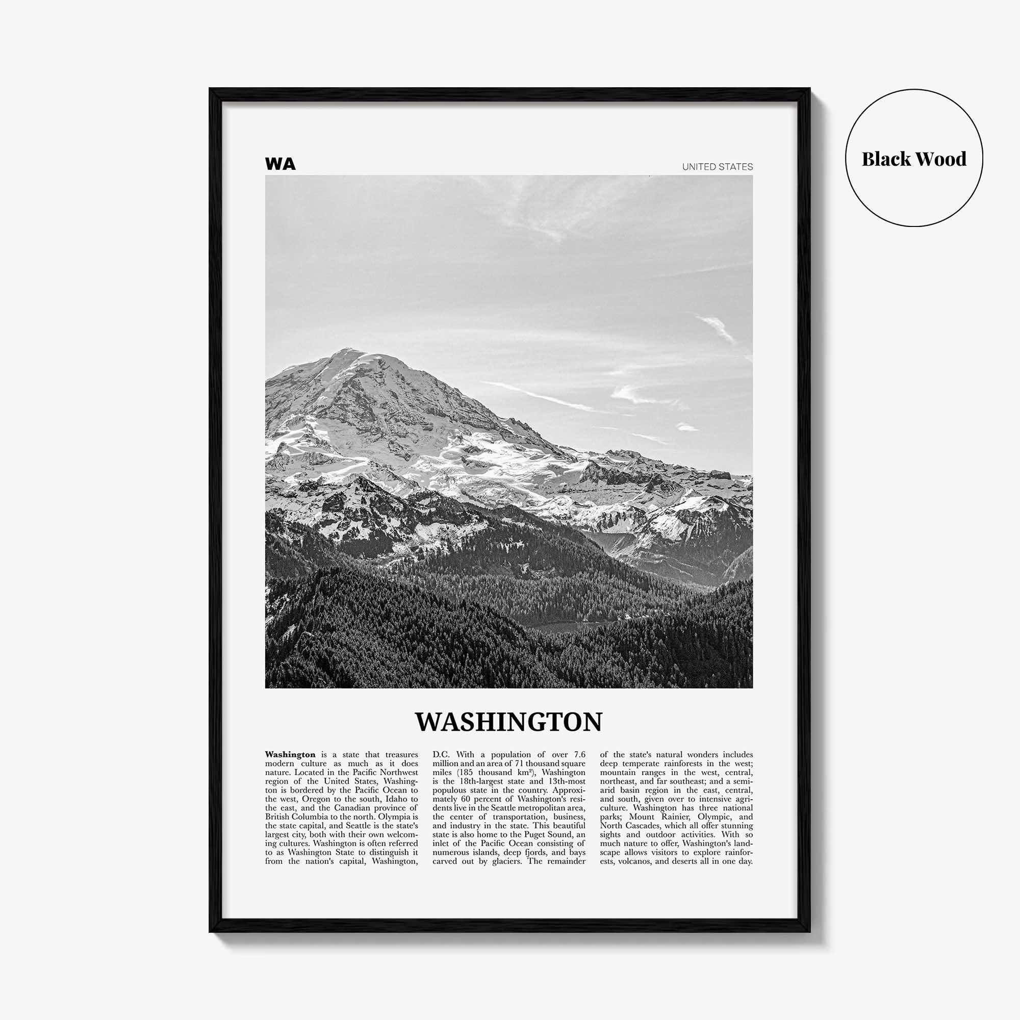 Washington State Print Black and White No 1, Washington State Wall Art, Washington Poster, USA, United States, North America