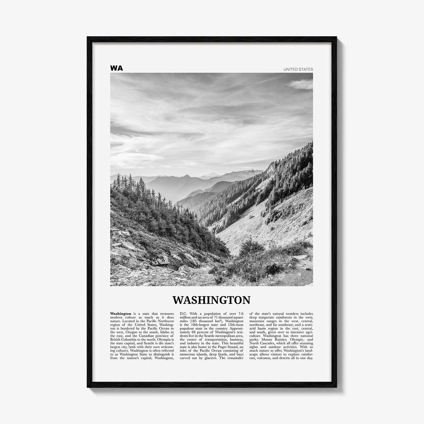 Washington State Print Black and White No 2, Washington State Wall Art, Washington Poster, USA, United States, North America