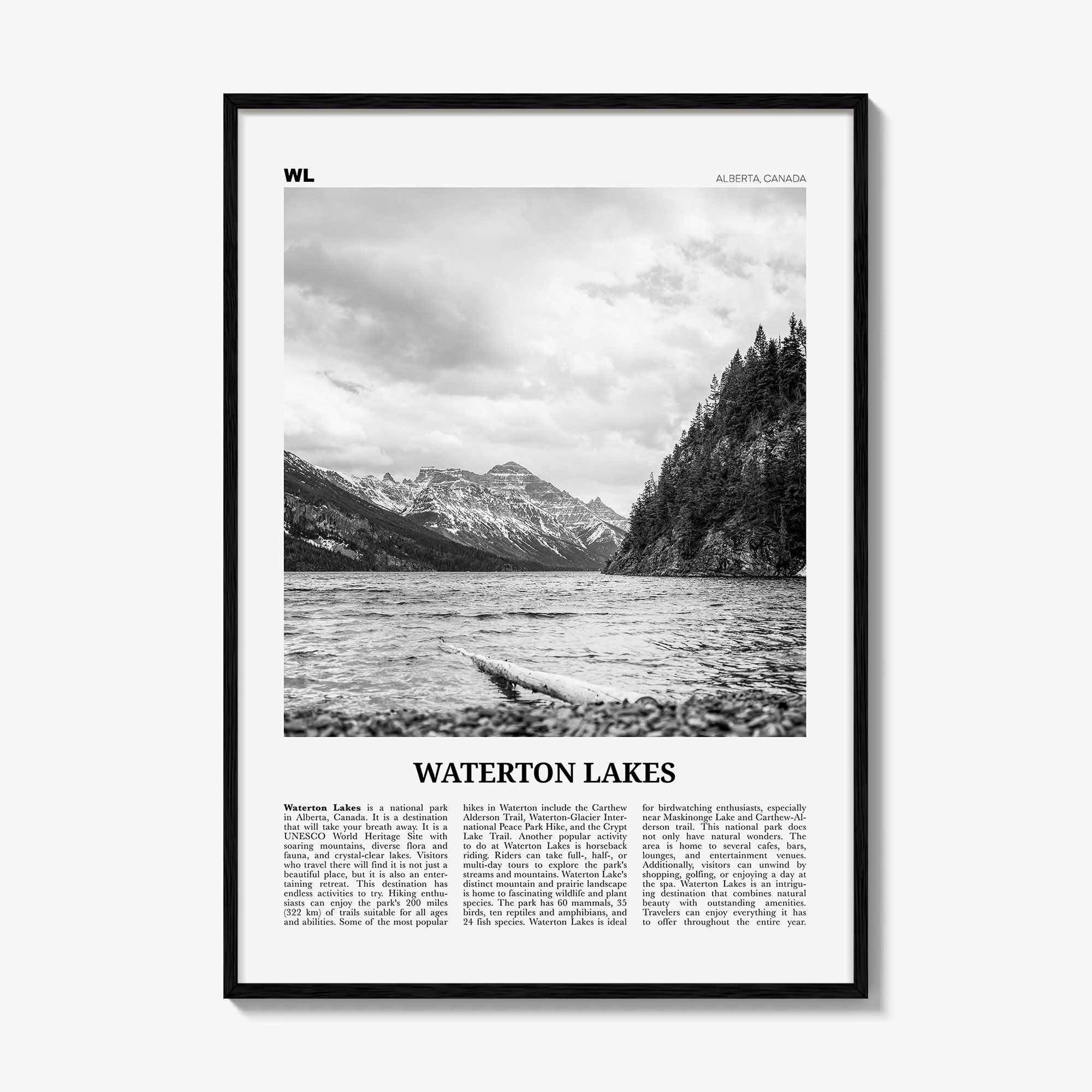 Waterton Lakes National Park Print Black and White, Waterton Lakes Wall Art, Waterton Lakes Poster, Waterton Lakes Photo, Canada