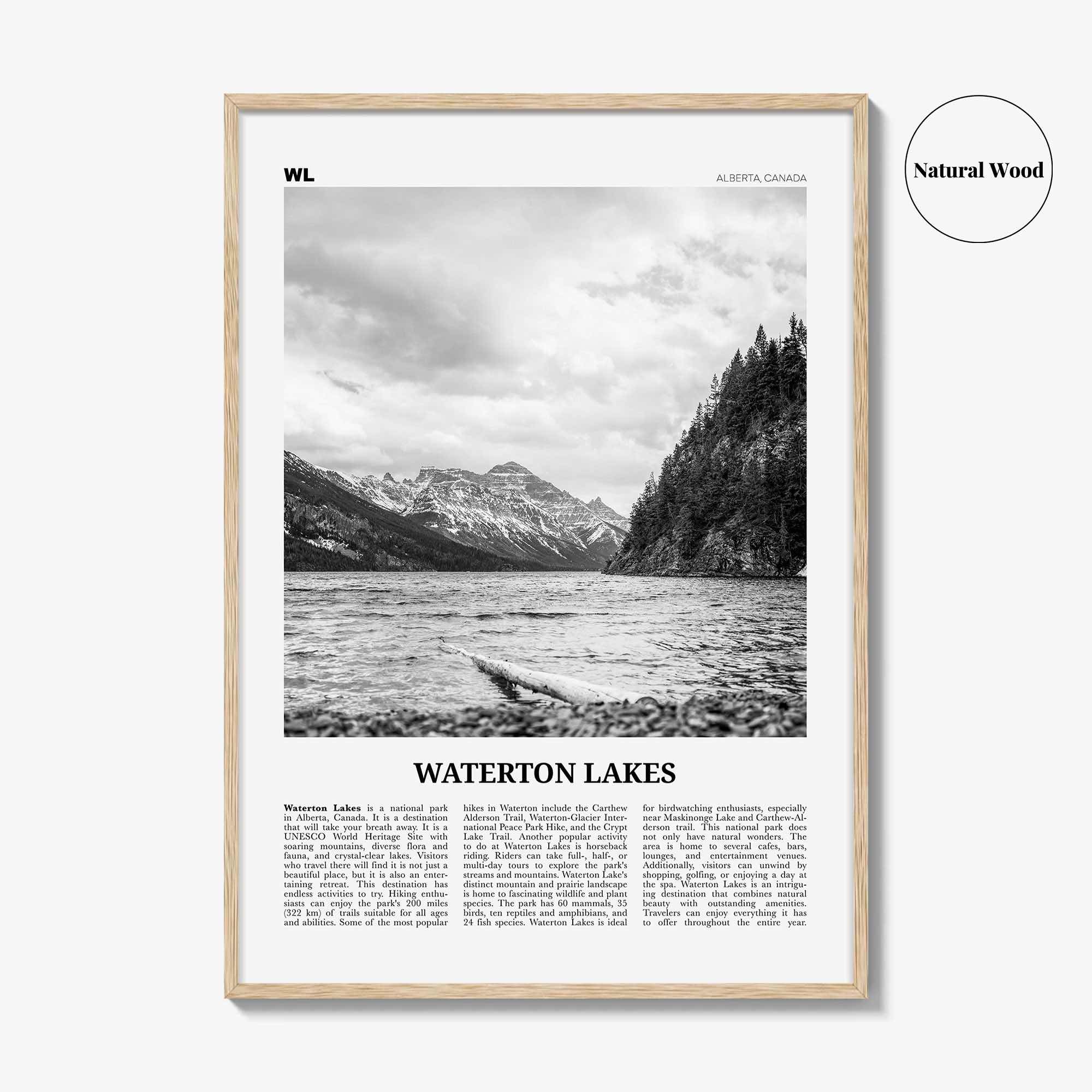 Waterton Lakes National Park Print Black and White, Waterton Lakes Wall Art, Waterton Lakes Poster, Waterton Lakes Photo, Canada