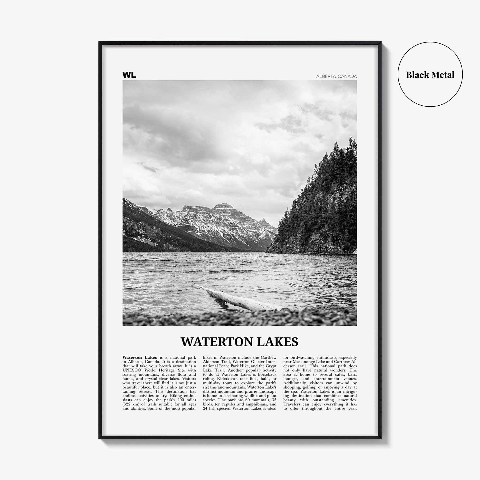 Waterton Lakes National Park Print Black and White, Waterton Lakes Wall Art, Waterton Lakes Poster, Waterton Lakes Photo, Canada