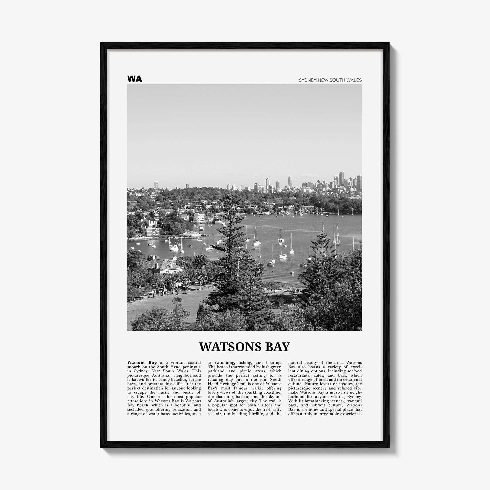 Watsons Bay Print Black and White, Watsons Bay Wall Art, Watsons Bay Poster, Watsons Bay Photo, Watsons Bay Wall Décor, Watsons Bay Map,
