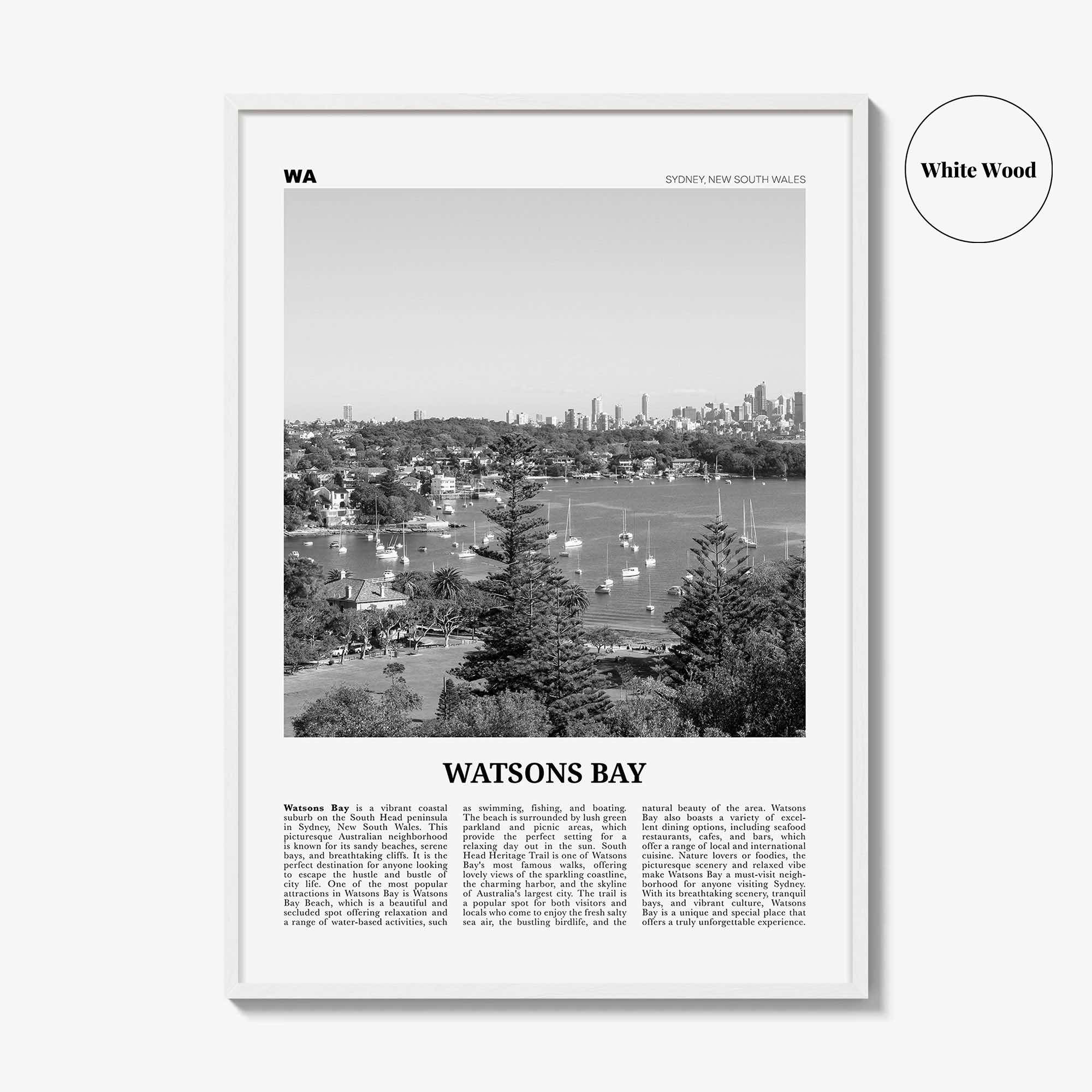 Watsons Bay Print Black and White, Watsons Bay Wall Art, Watsons Bay Poster, Watsons Bay Photo, Watsons Bay Wall Décor, Watsons Bay Map,