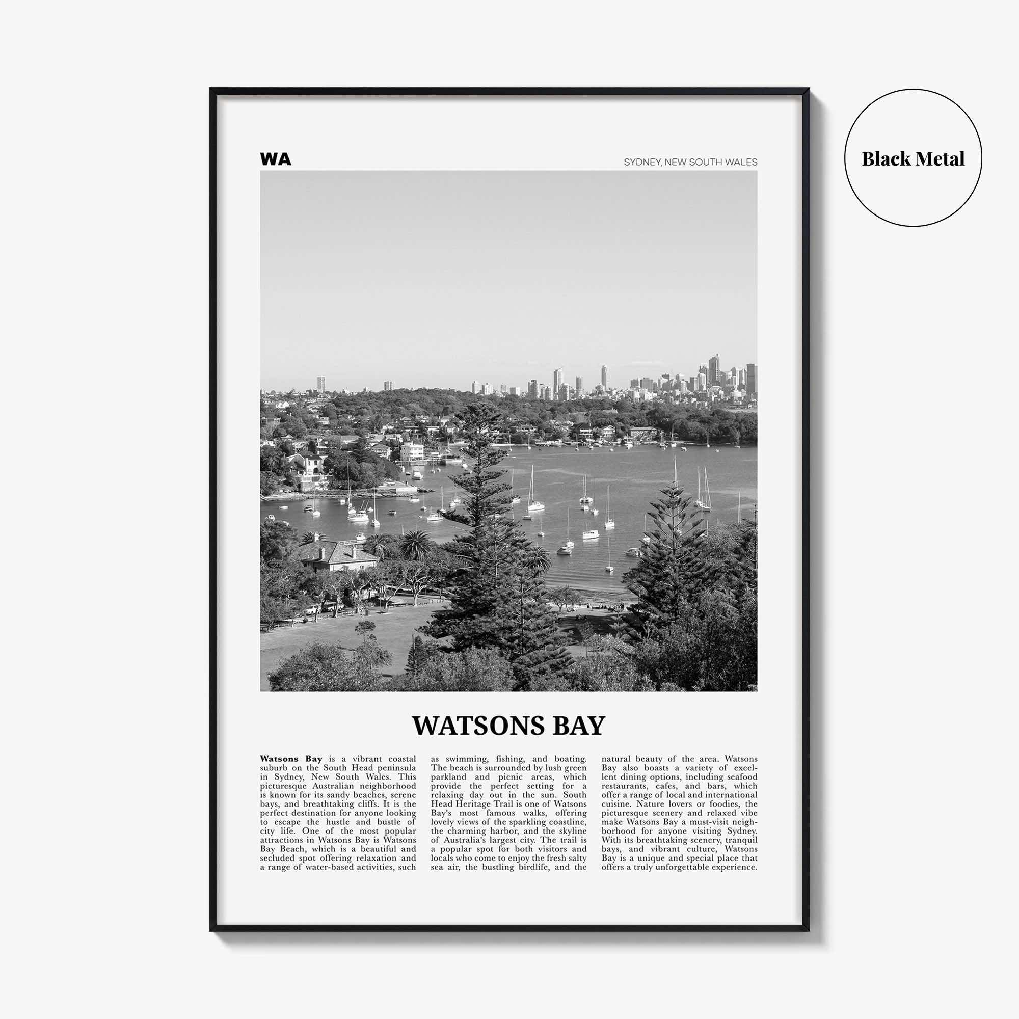 Watsons Bay Print Black and White, Watsons Bay Wall Art, Watsons Bay Poster, Watsons Bay Photo, Watsons Bay Wall Décor, Watsons Bay Map,