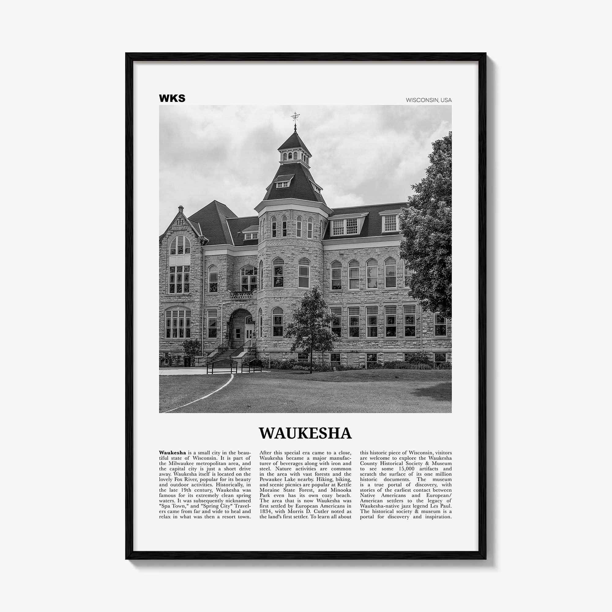Waukesha Print Black and White, Waukesha Wall Art, Waukesha Poster, Waukesha Photo, Waukesha Map, Waukesha Wall Decor, Wisconsin, USA