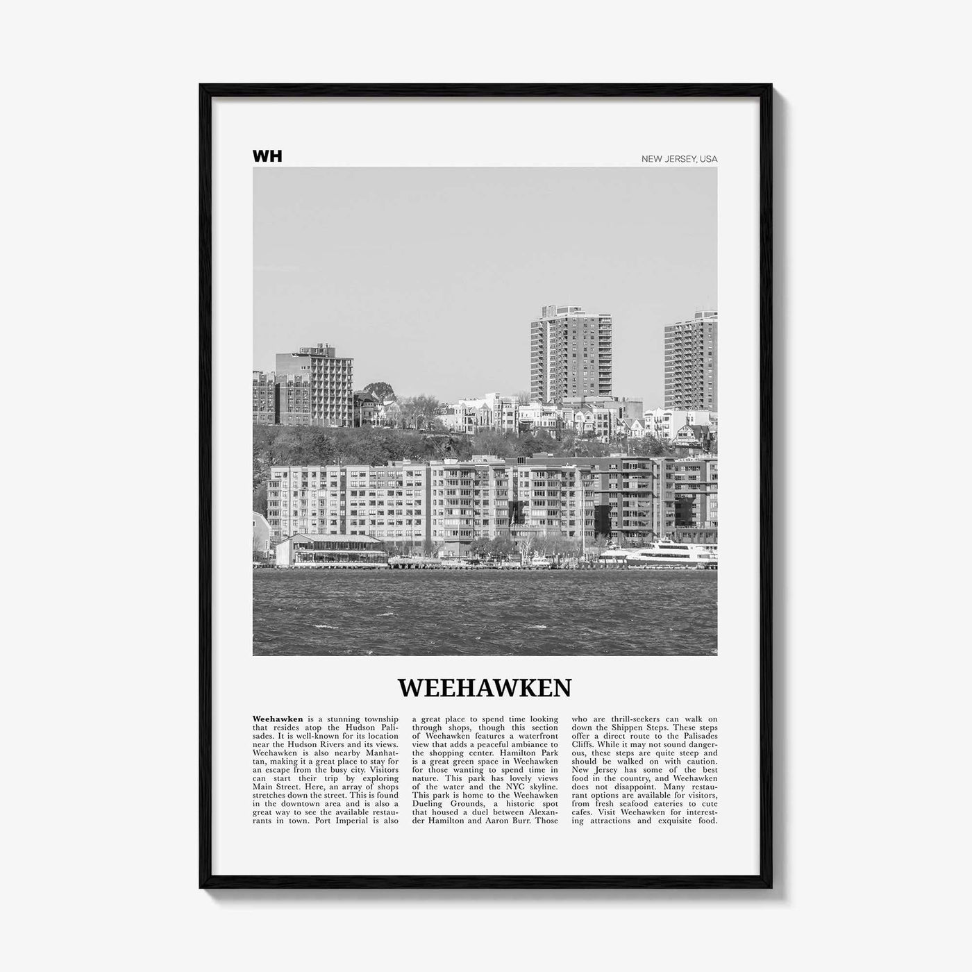 Weehawken Print Black and White, Weehawken Wall Art, Weehawken Poster, Weehawken Photo, Weehawken Wall Décor, Weehawken Map, New Jersey, USA