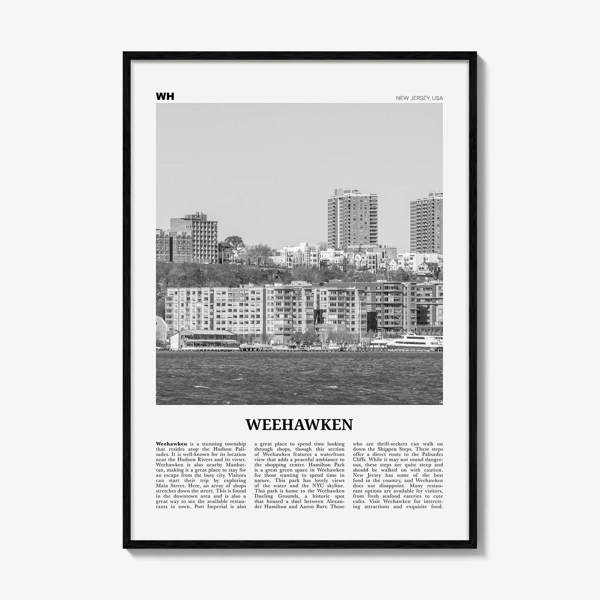 Weehawken Print Black and White, Weehawken Wall Art, Weehawken Poster, Weehawken Photo, Weehawken Wall Décor, Weehawken Map, New Jersey, USA