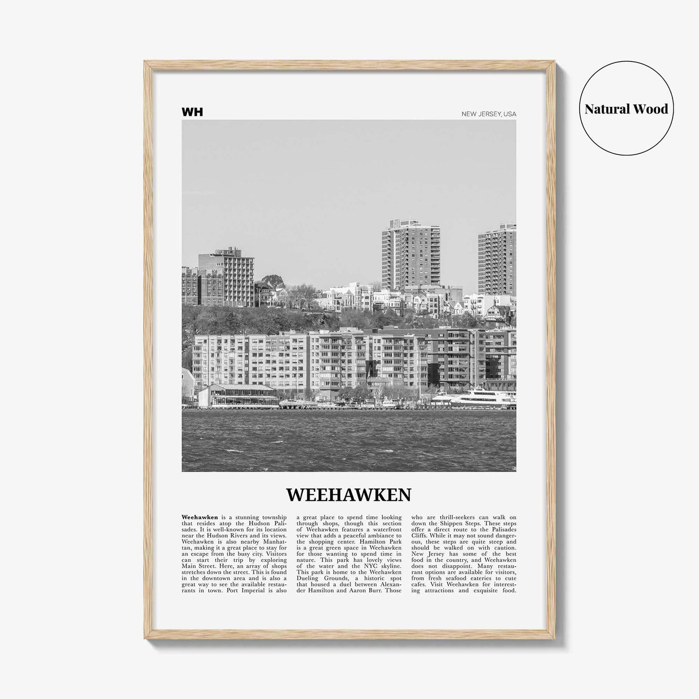 Weehawken Print Black and White, Weehawken Wall Art, Weehawken Poster, Weehawken Photo, Weehawken Wall Décor, Weehawken Map, New Jersey, USA