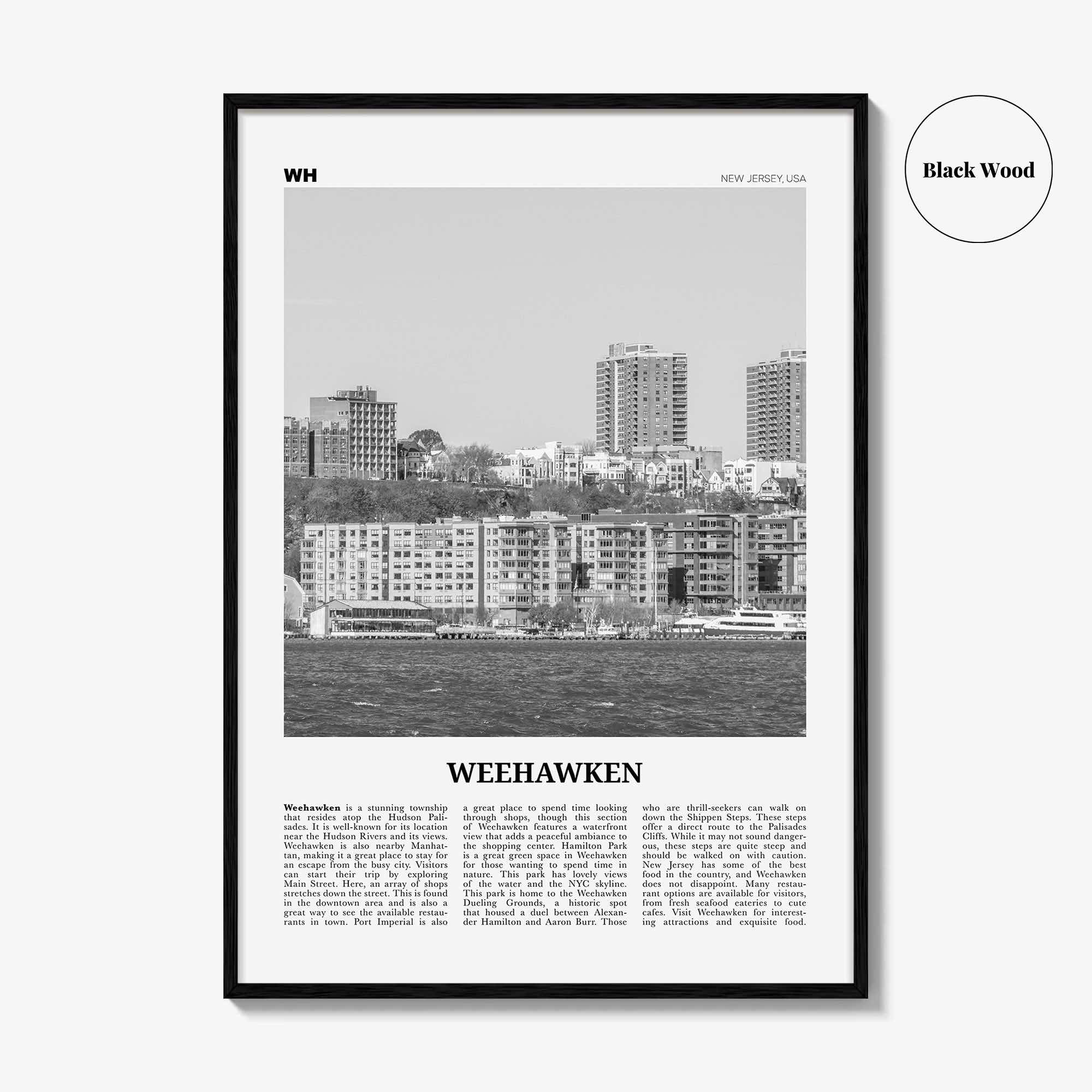 Weehawken Print Black and White, Weehawken Wall Art, Weehawken Poster, Weehawken Photo, Weehawken Wall Décor, Weehawken Map, New Jersey, USA