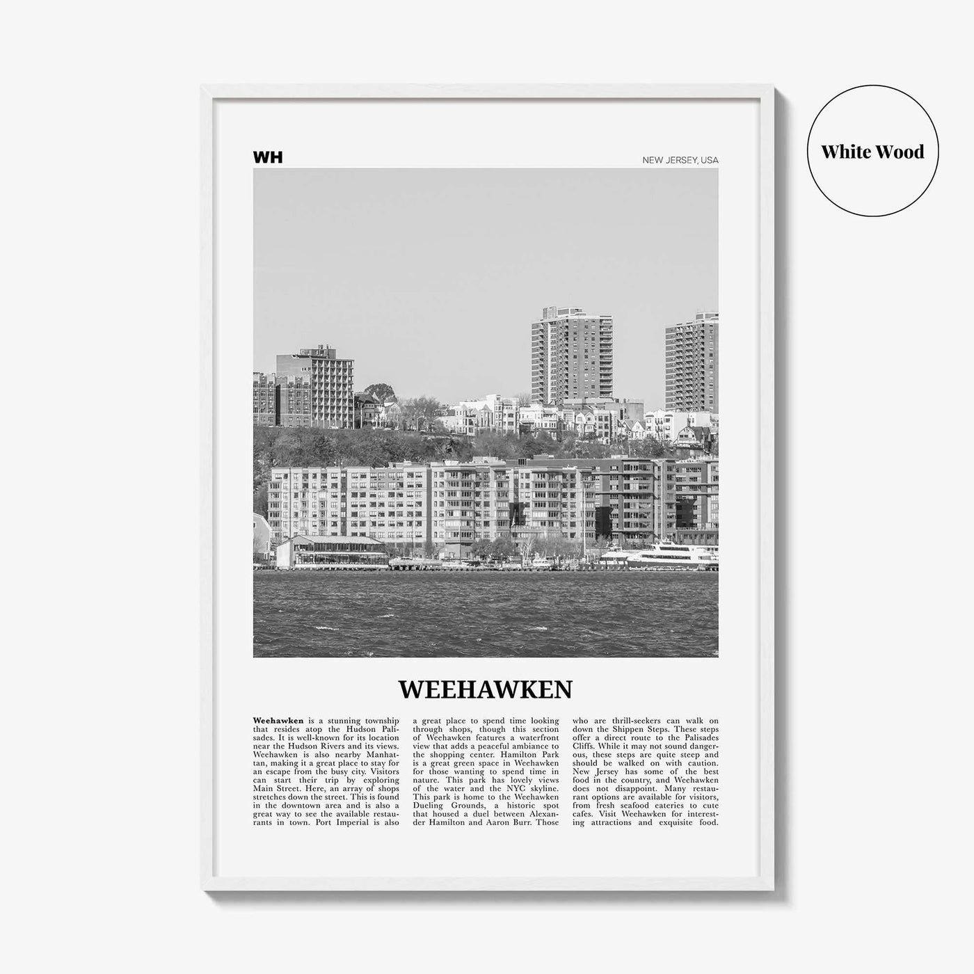 Weehawken Print Black and White, Weehawken Wall Art, Weehawken Poster, Weehawken Photo, Weehawken Wall Décor, Weehawken Map, New Jersey, USA