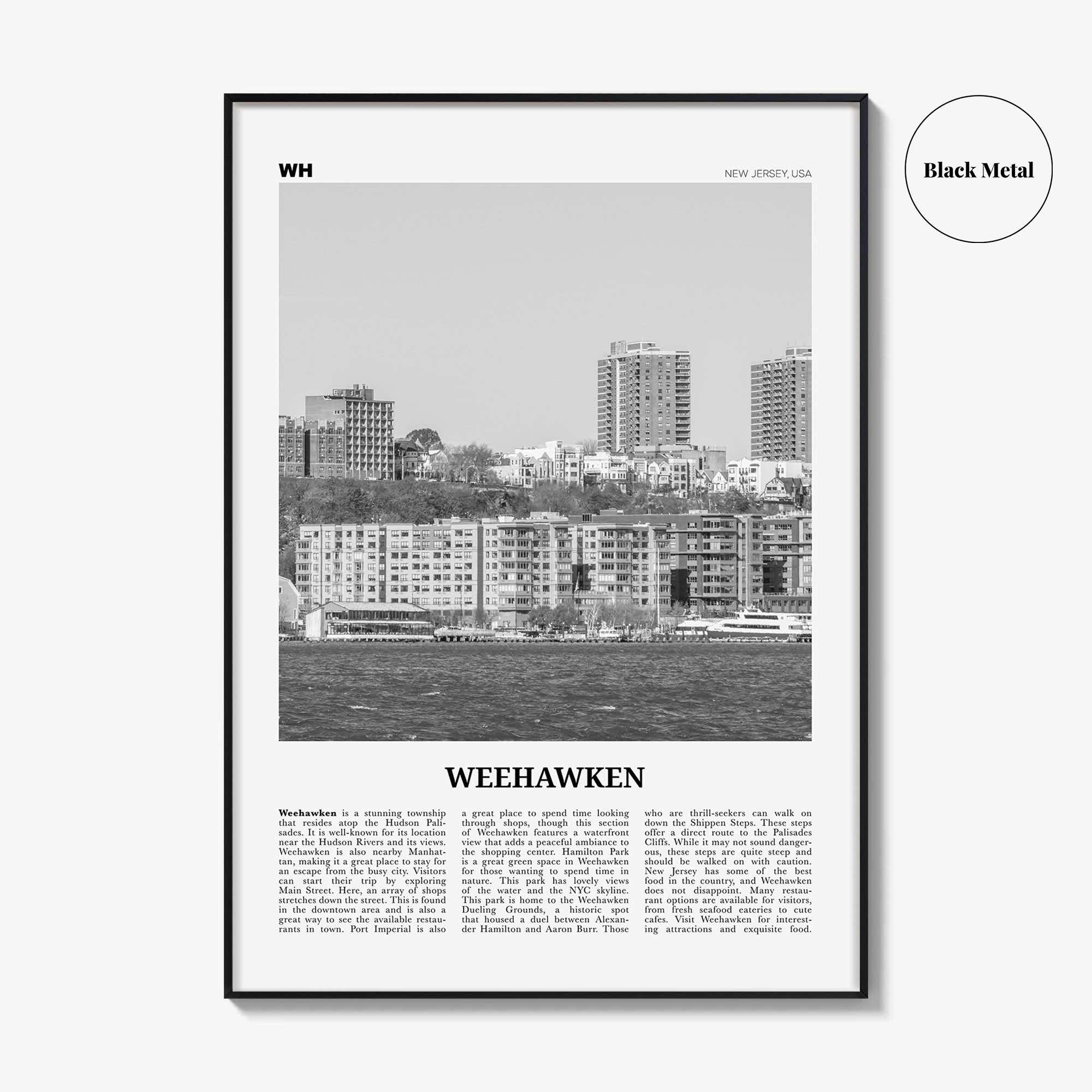 Weehawken Print Black and White, Weehawken Wall Art, Weehawken Poster, Weehawken Photo, Weehawken Wall Décor, Weehawken Map, New Jersey, USA
