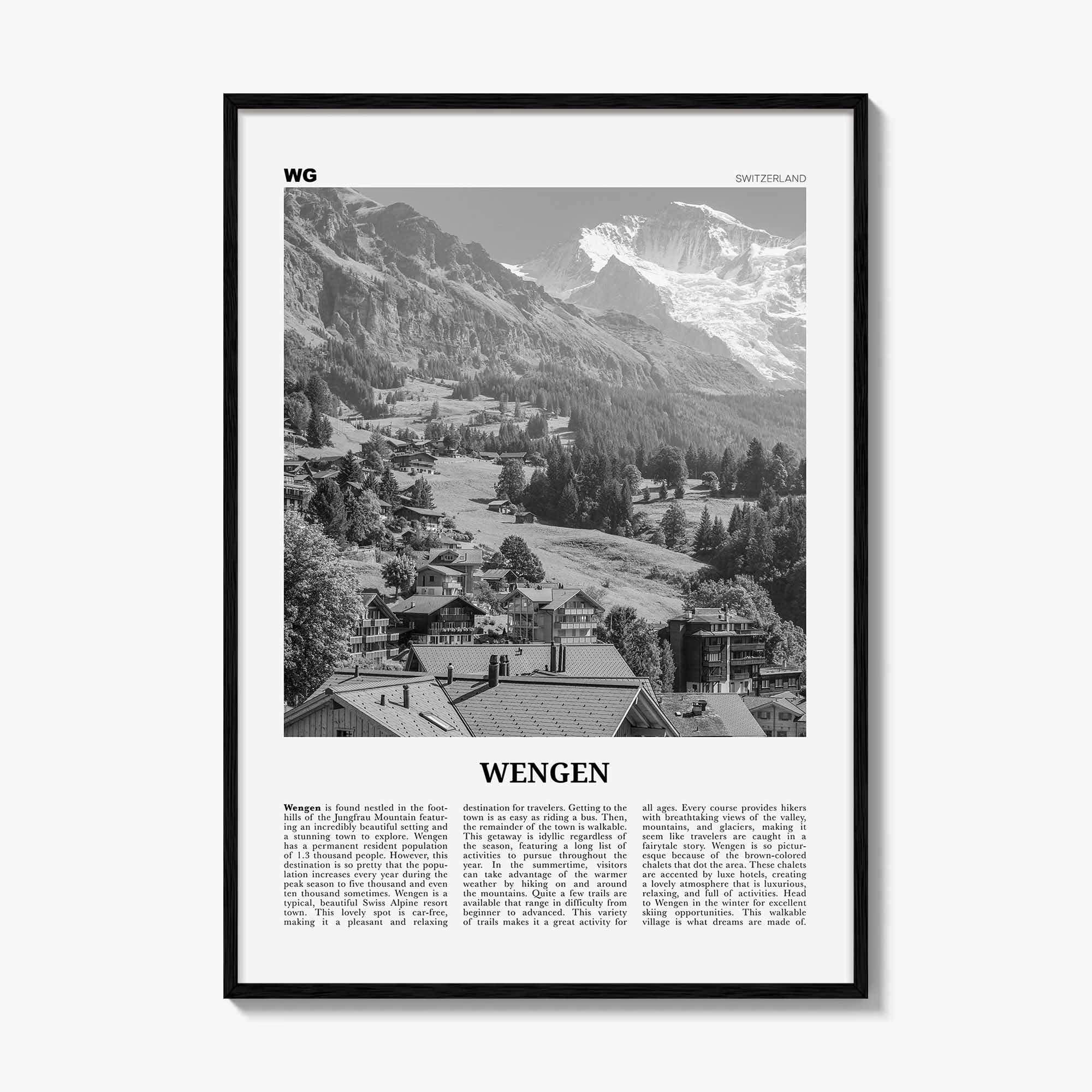 Wengen Print Black and White, Wengen Wall Art, Wengen Poster, Wengen Photo, Wengen Wall Décor, Wengen Map, Switzerland