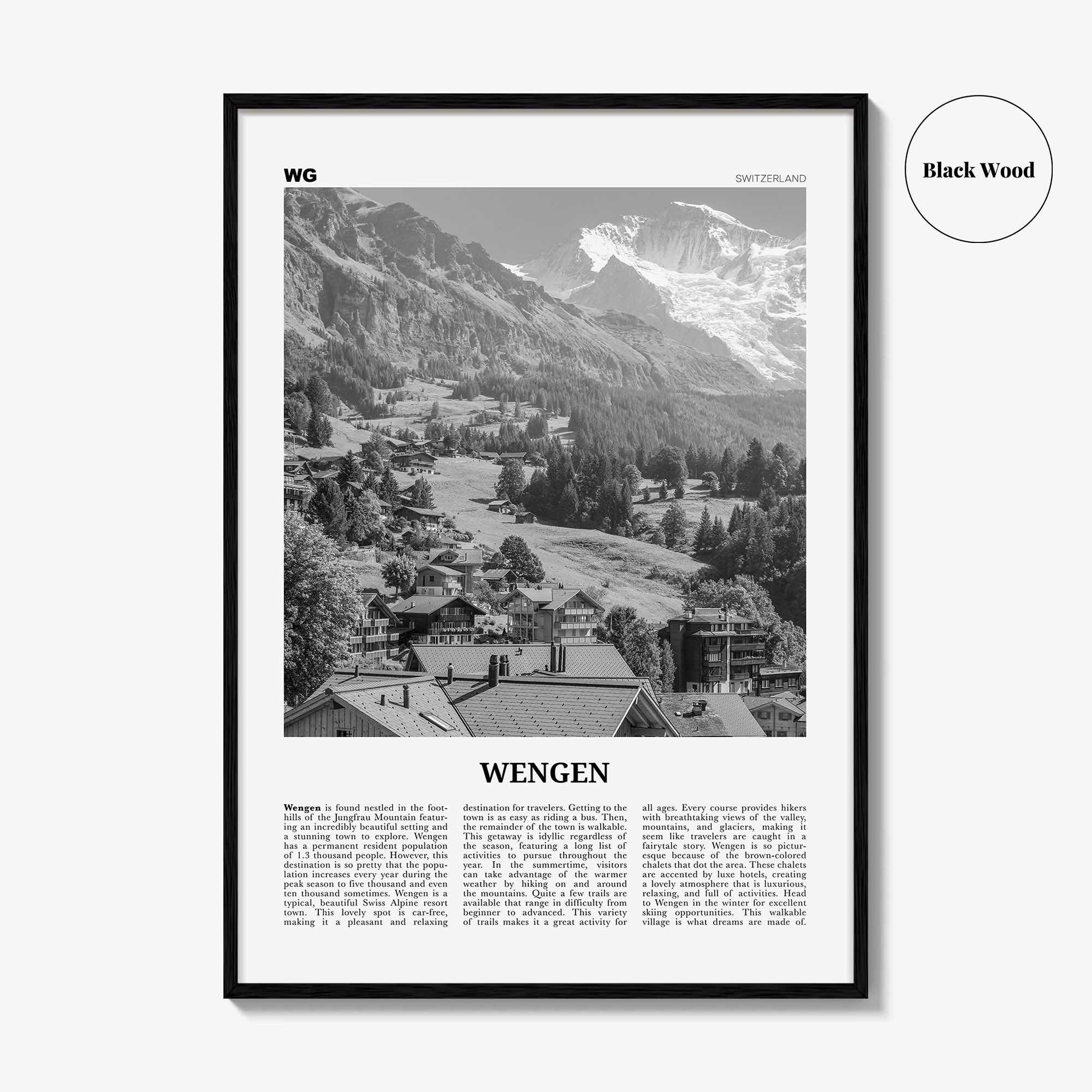 Wengen Print Black and White, Wengen Wall Art, Wengen Poster, Wengen Photo, Wengen Wall Décor, Wengen Map, Switzerland