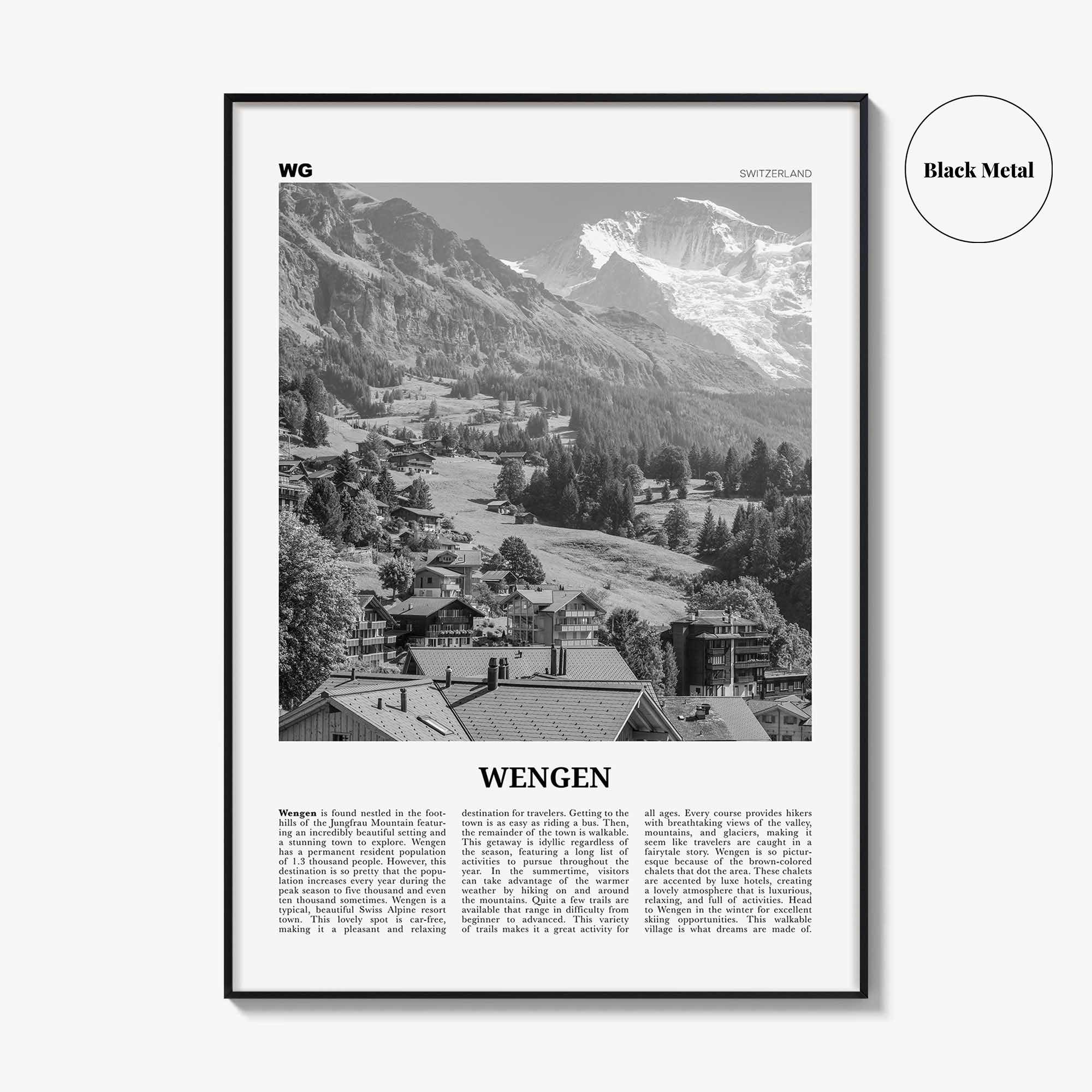 Wengen Print Black and White, Wengen Wall Art, Wengen Poster, Wengen Photo, Wengen Wall Décor, Wengen Map, Switzerland