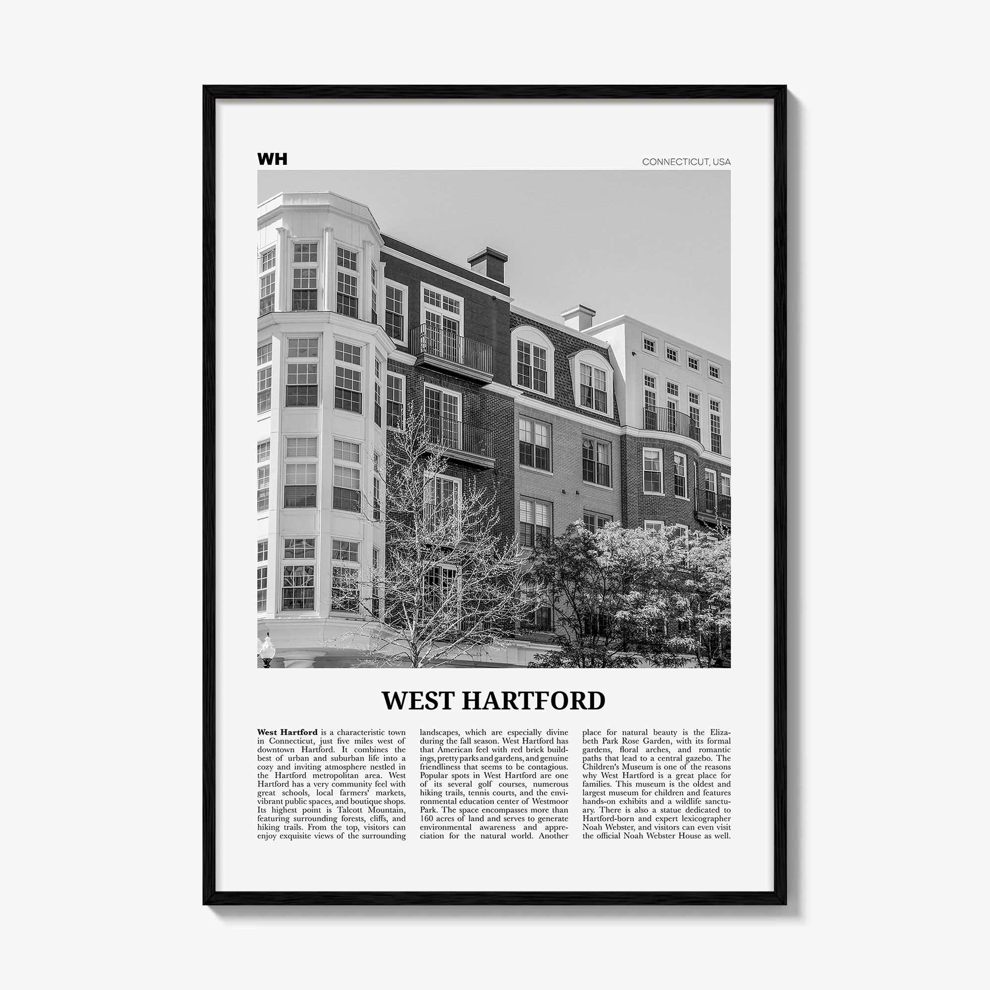 West Hartford Print Black and White, West Hartford Wall Art, West Hartford Poster, West Hartford Photo, West Hartford Map, Connecticut, USA