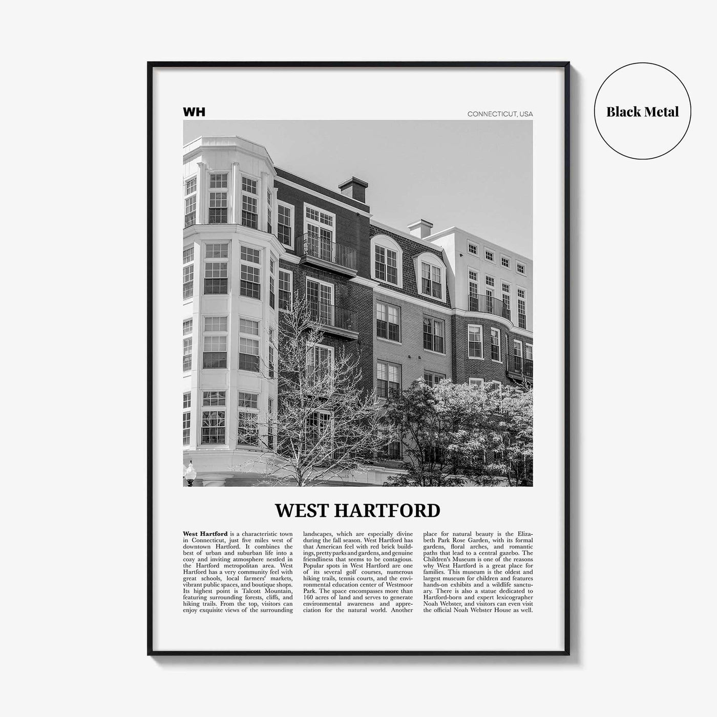 West Hartford Print Black and White, West Hartford Wall Art, West Hartford Poster, West Hartford Photo, West Hartford Map, Connecticut, USA