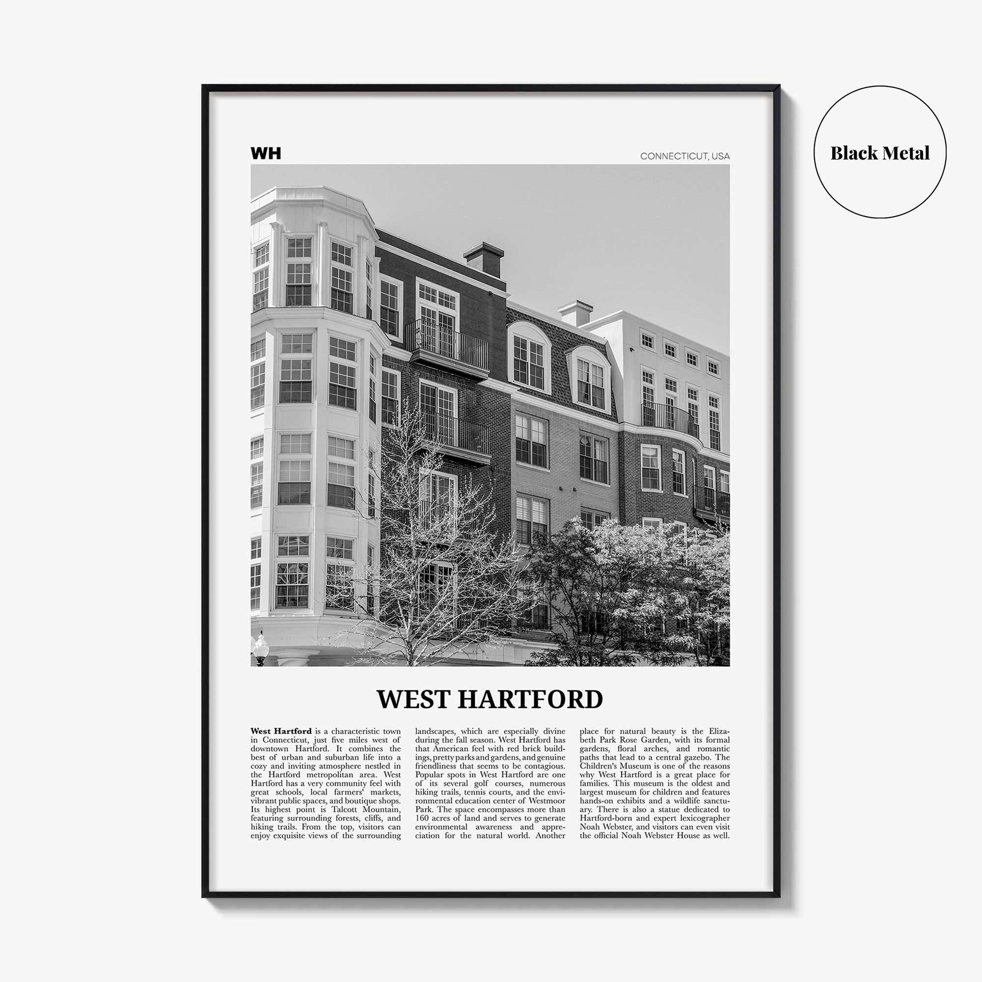 West Hartford Print Black and White, West Hartford Wall Art, West Hartford Poster, West Hartford Photo, West Hartford Map, Connecticut, USA