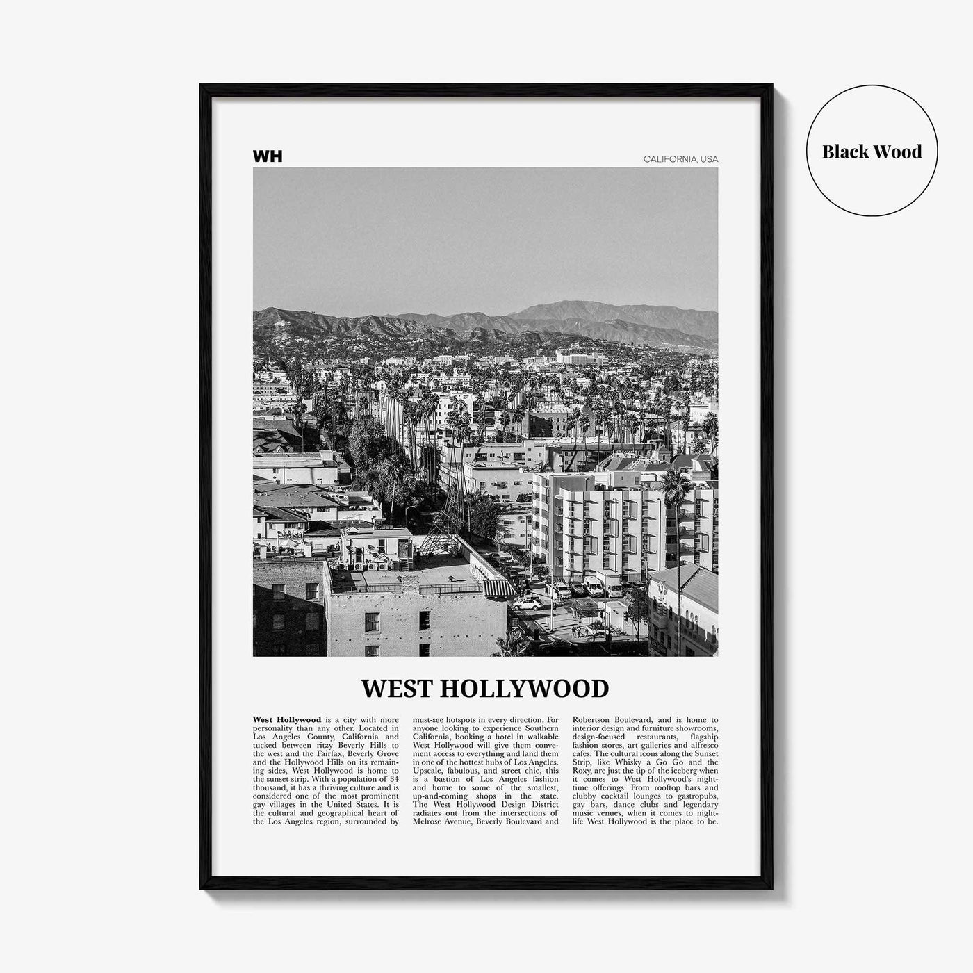 West Hollywood Print Black and White, West Hollywood Art, West Hollywood Poster, Los Angeles, California, USA, United States, North America