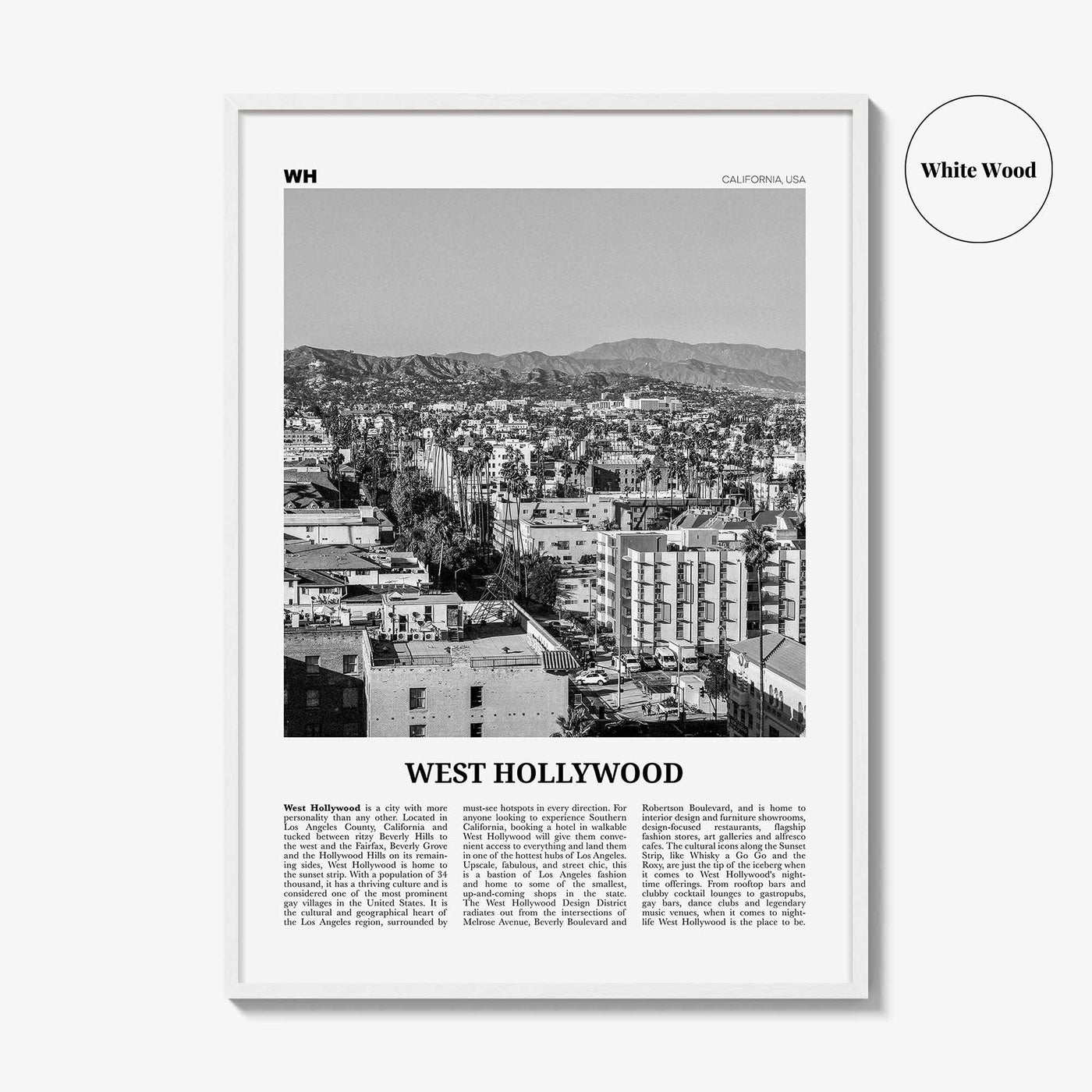 West Hollywood Print Black and White, West Hollywood Art, West Hollywood Poster, Los Angeles, California, USA, United States, North America