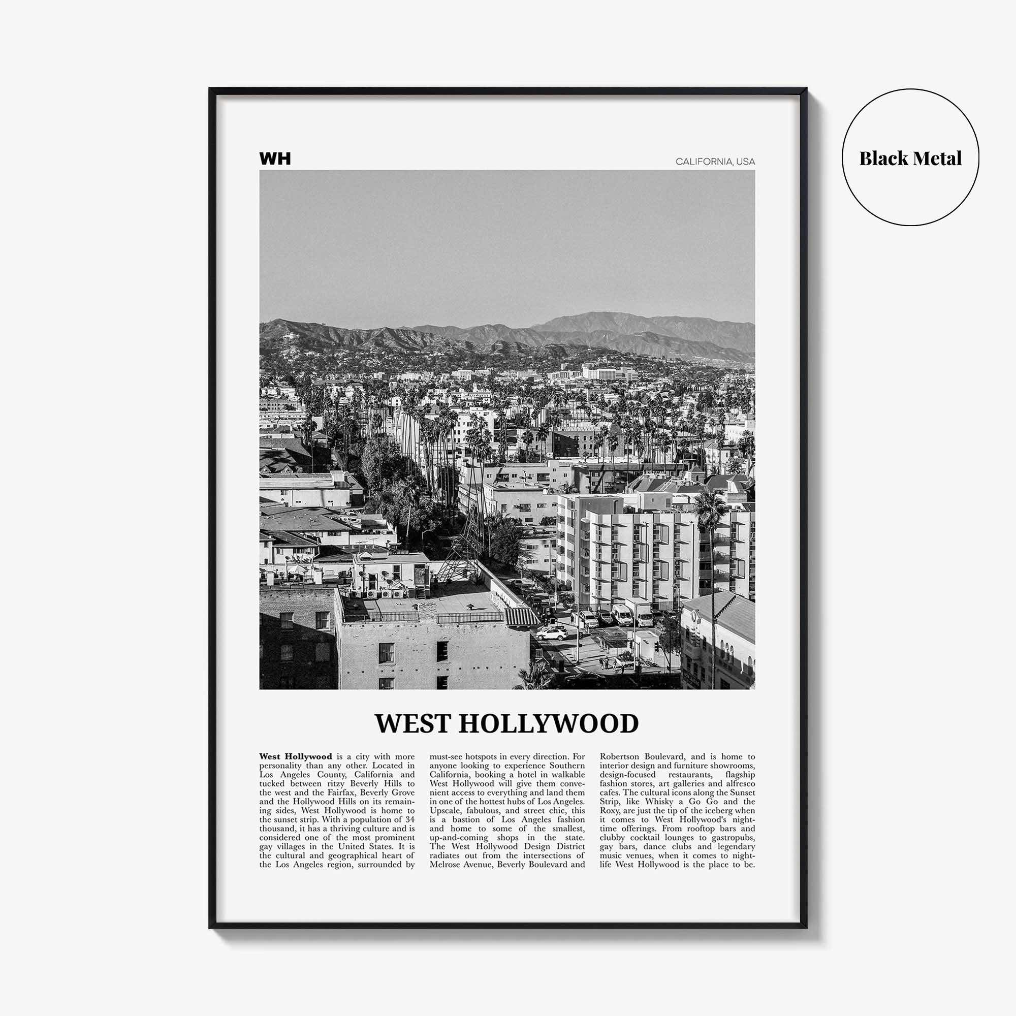 West Hollywood Print Black and White, West Hollywood Art, West Hollywood Poster, Los Angeles, California, USA, United States, North America