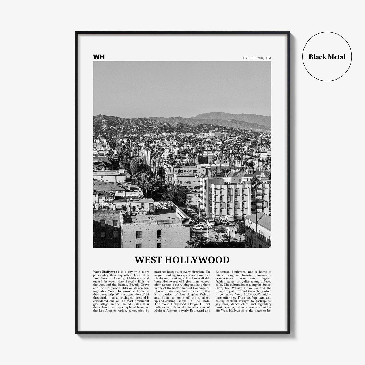 West Hollywood Print Black and White, West Hollywood Art, West Hollywood Poster, Los Angeles, California, USA, United States, North America
