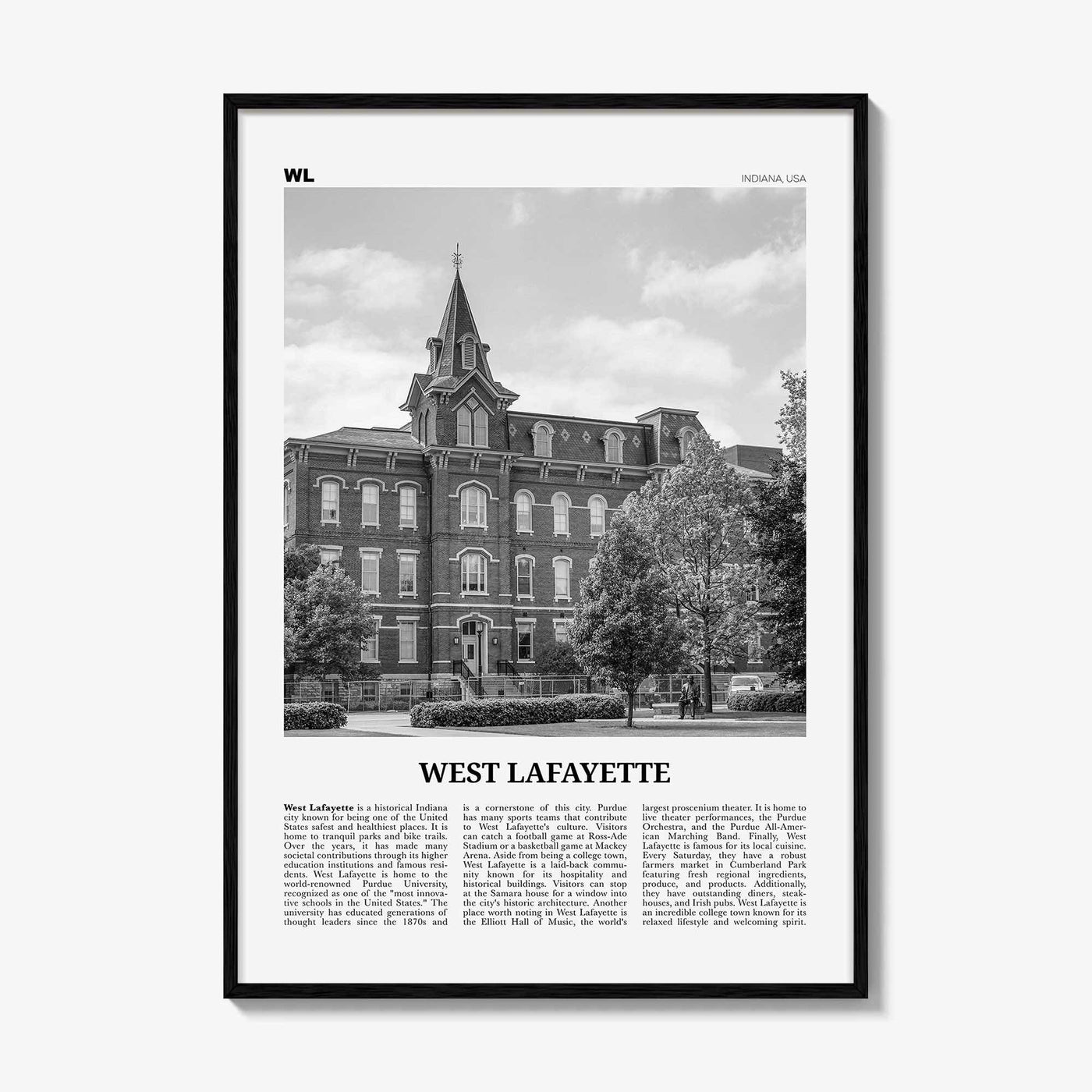 West Lafayette Print Black and White, West Lafayette Wall Art, West Lafayette Poster, West Lafayette Photo, West Lafayette Décor, Indiana