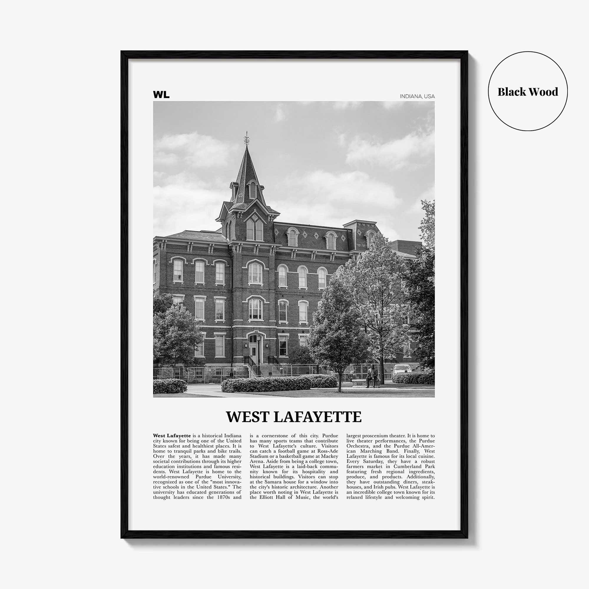 West Lafayette Print Black and White, West Lafayette Wall Art, West Lafayette Poster, West Lafayette Photo, West Lafayette Décor, Indiana