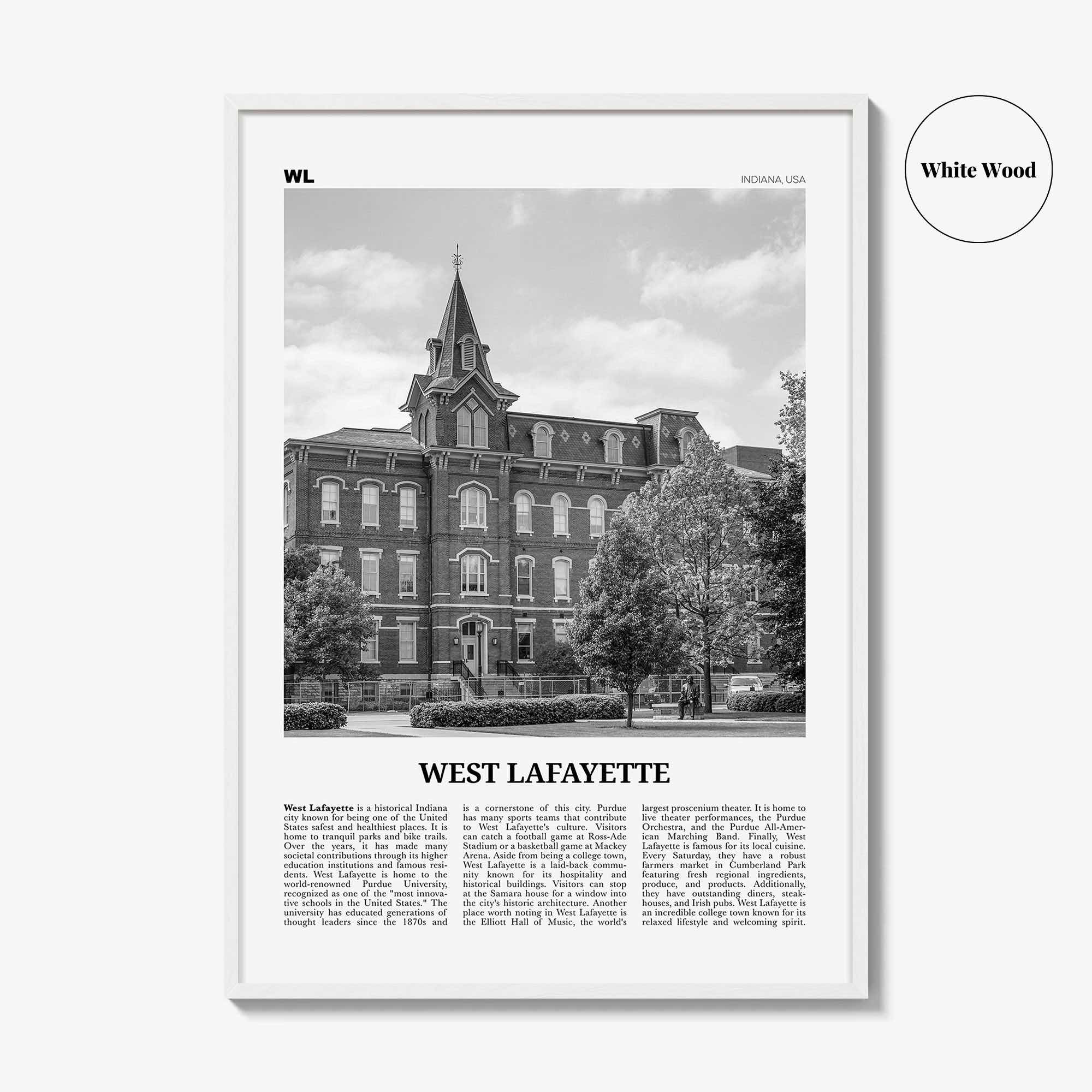 West Lafayette Print Black and White, West Lafayette Wall Art, West Lafayette Poster, West Lafayette Photo, West Lafayette Décor, Indiana