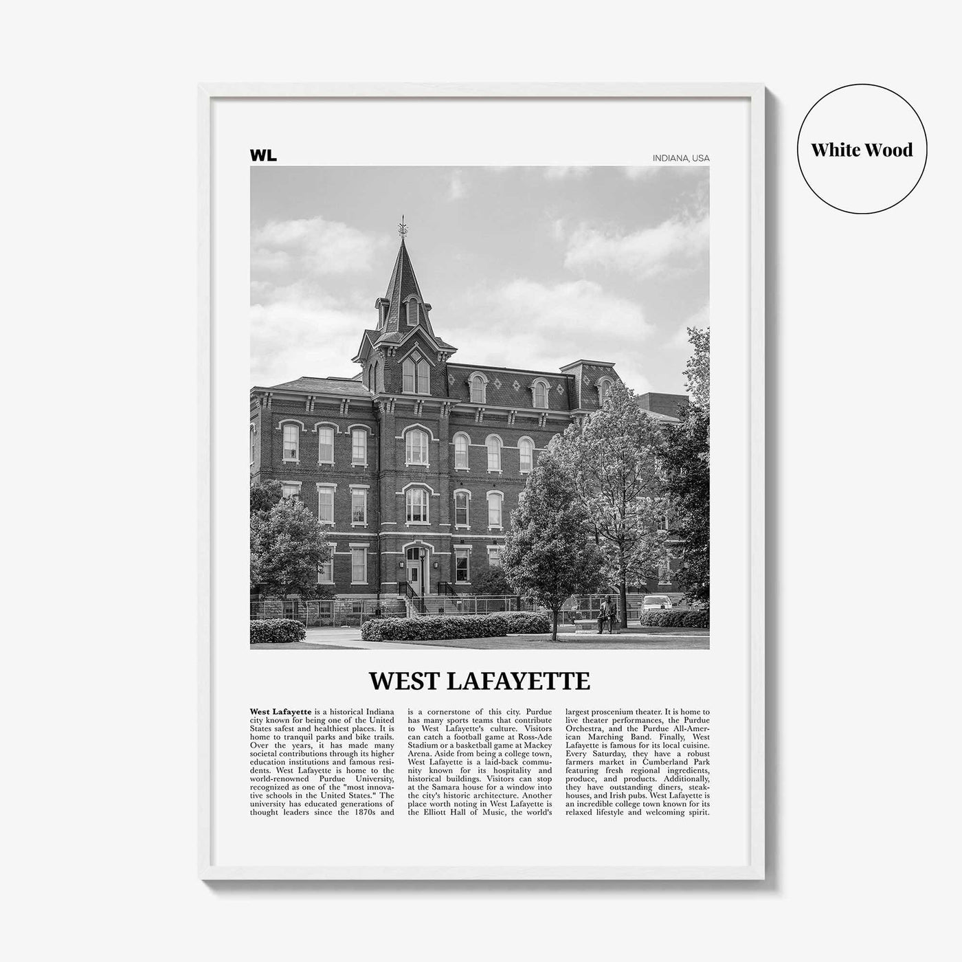 West Lafayette Print Black and White, West Lafayette Wall Art, West Lafayette Poster, West Lafayette Photo, West Lafayette Décor, Indiana