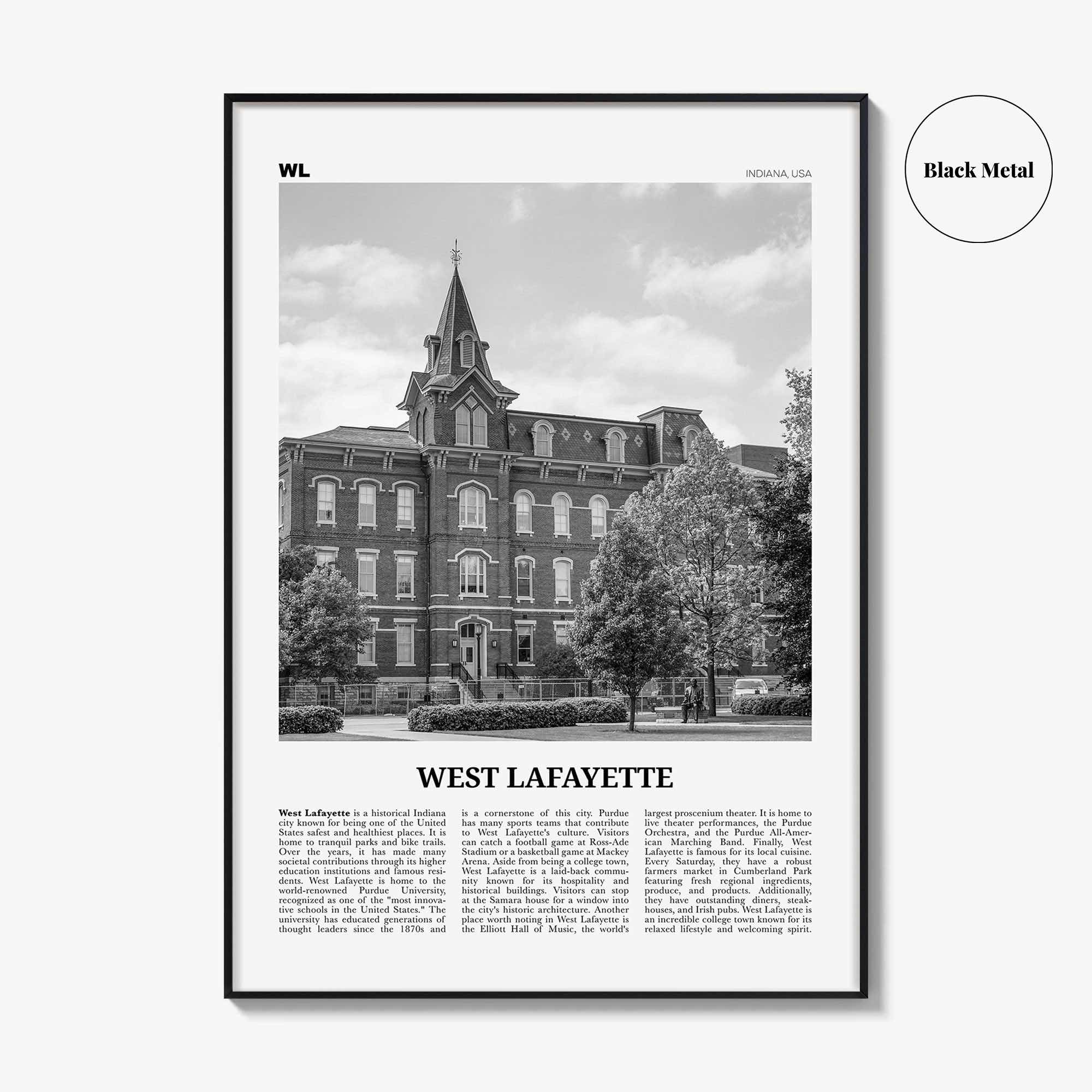 West Lafayette Print Black and White, West Lafayette Wall Art, West Lafayette Poster, West Lafayette Photo, West Lafayette Décor, Indiana