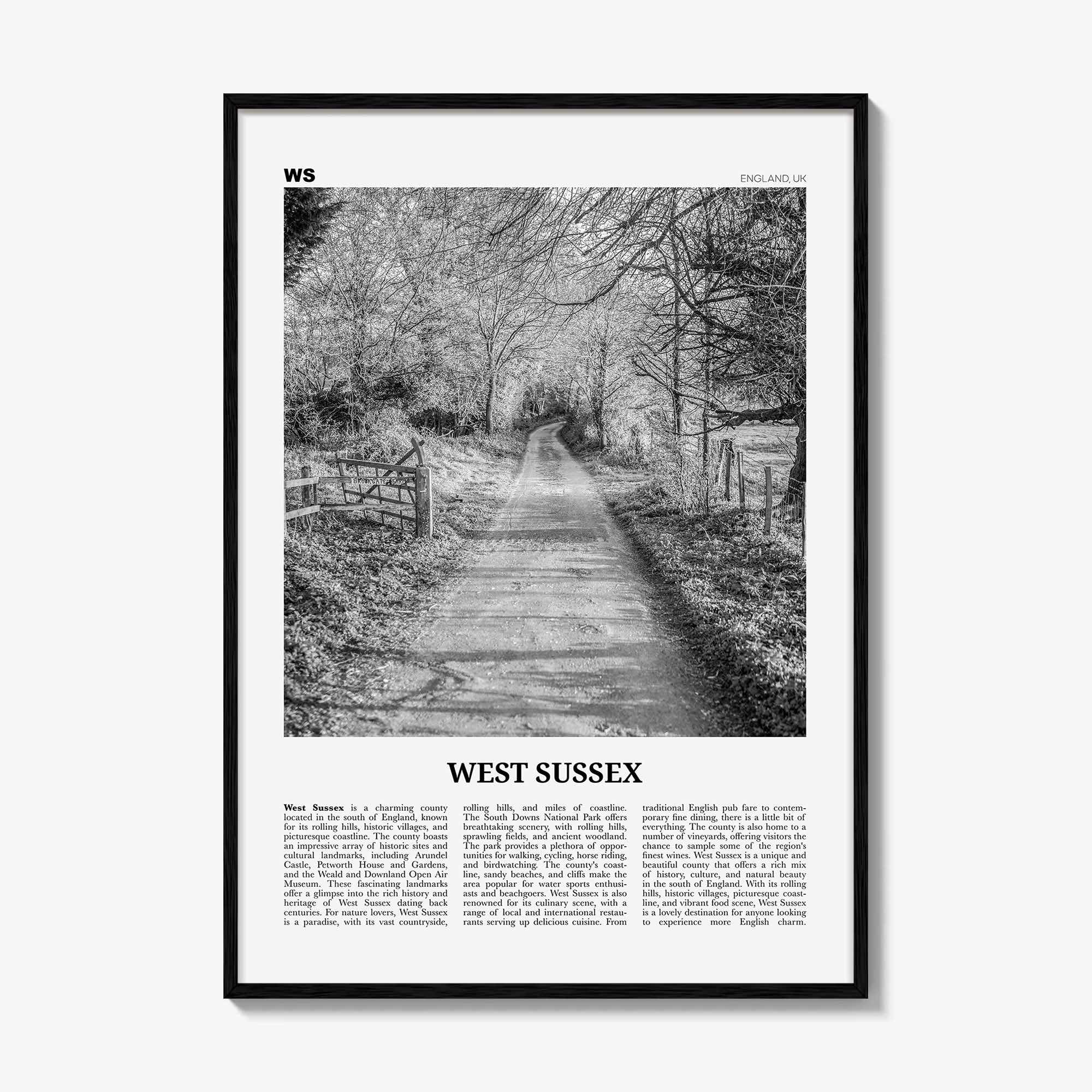 West Sussex Print Black and White, West Sussex Wall Art, West Sussex Poster, West Sussex Photo, West Sussex Map, England, UK, United Kingdom
