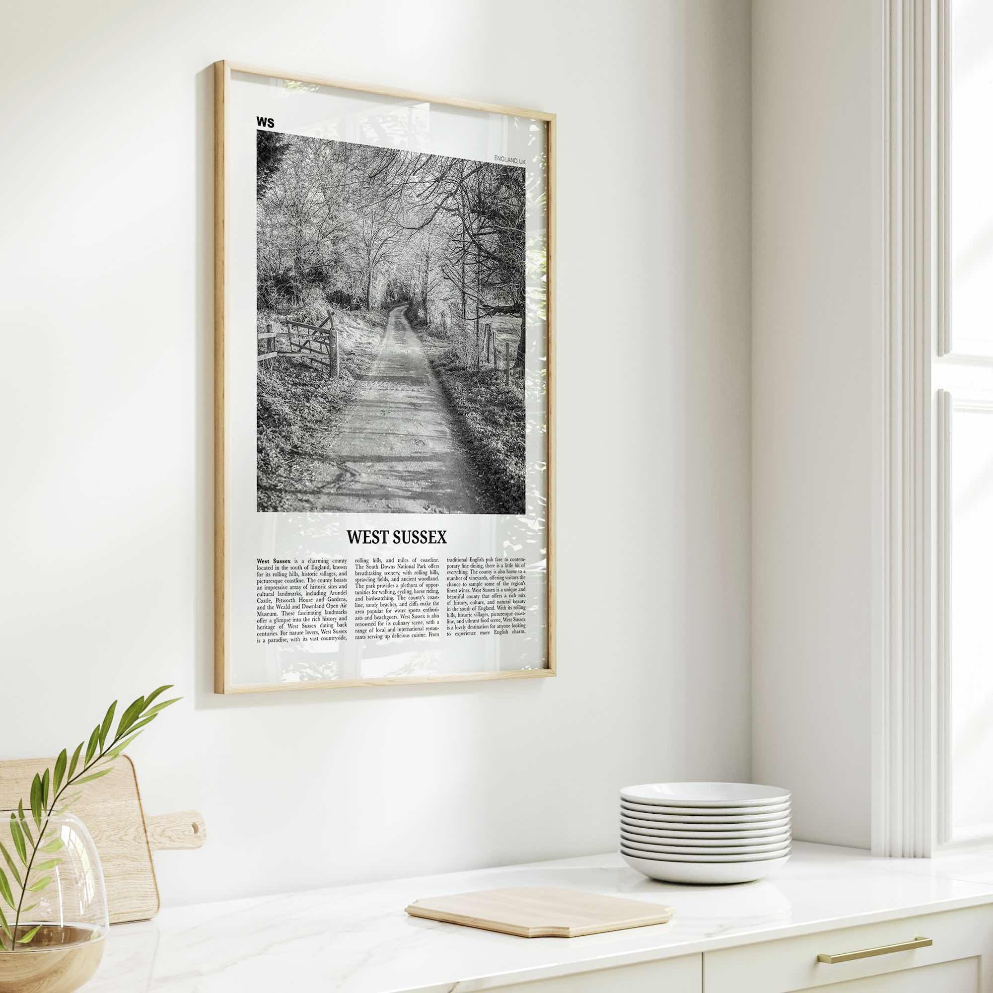 West Sussex Print Black and White, West Sussex Wall Art, West Sussex Poster, West Sussex Photo, West Sussex Map, England, UK, United Kingdom