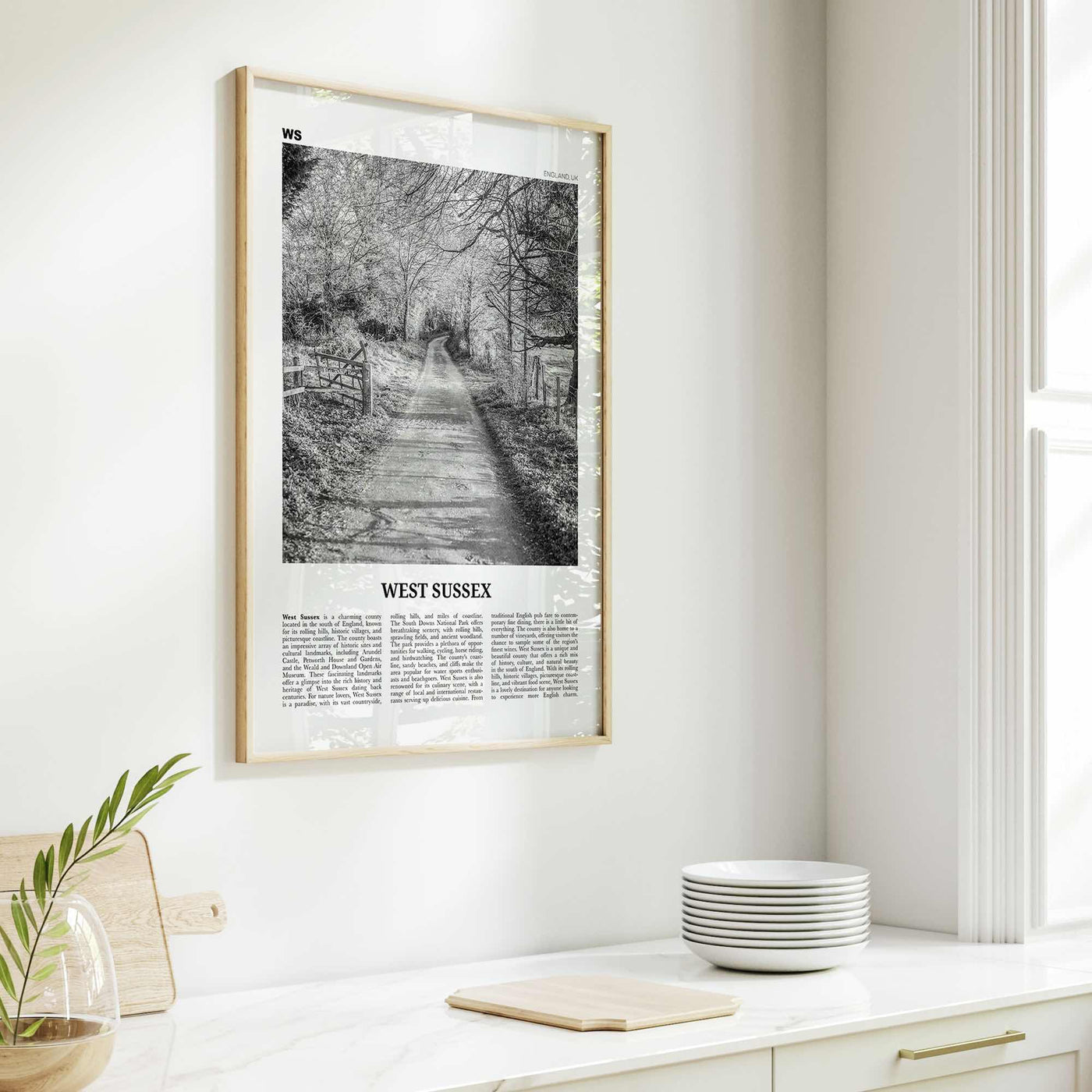 West Sussex Print Black and White, West Sussex Wall Art, West Sussex Poster, West Sussex Photo, West Sussex Map, England, UK, United Kingdom