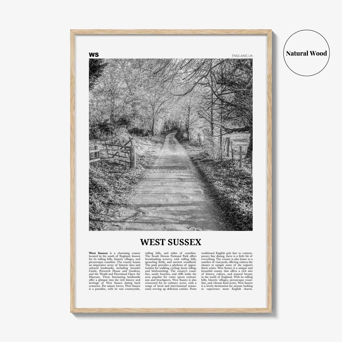 West Sussex Print Black and White, West Sussex Wall Art, West Sussex Poster, West Sussex Photo, West Sussex Map, England, UK, United Kingdom