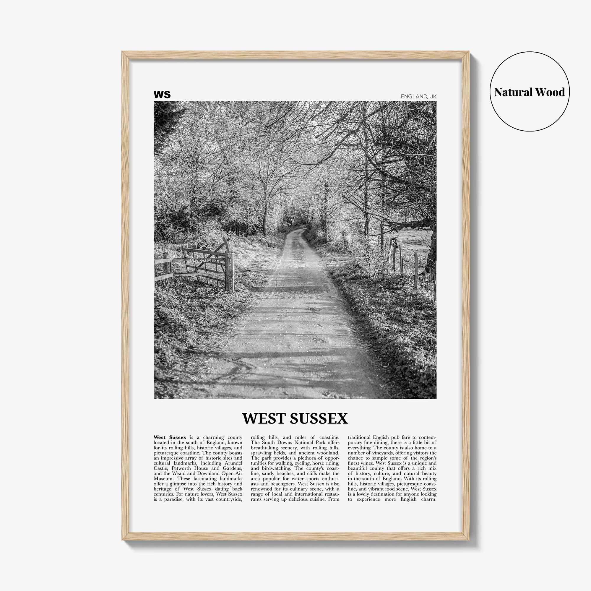 West Sussex Print Black and White, West Sussex Wall Art, West Sussex Poster, West Sussex Photo, West Sussex Map, England, UK, United Kingdom