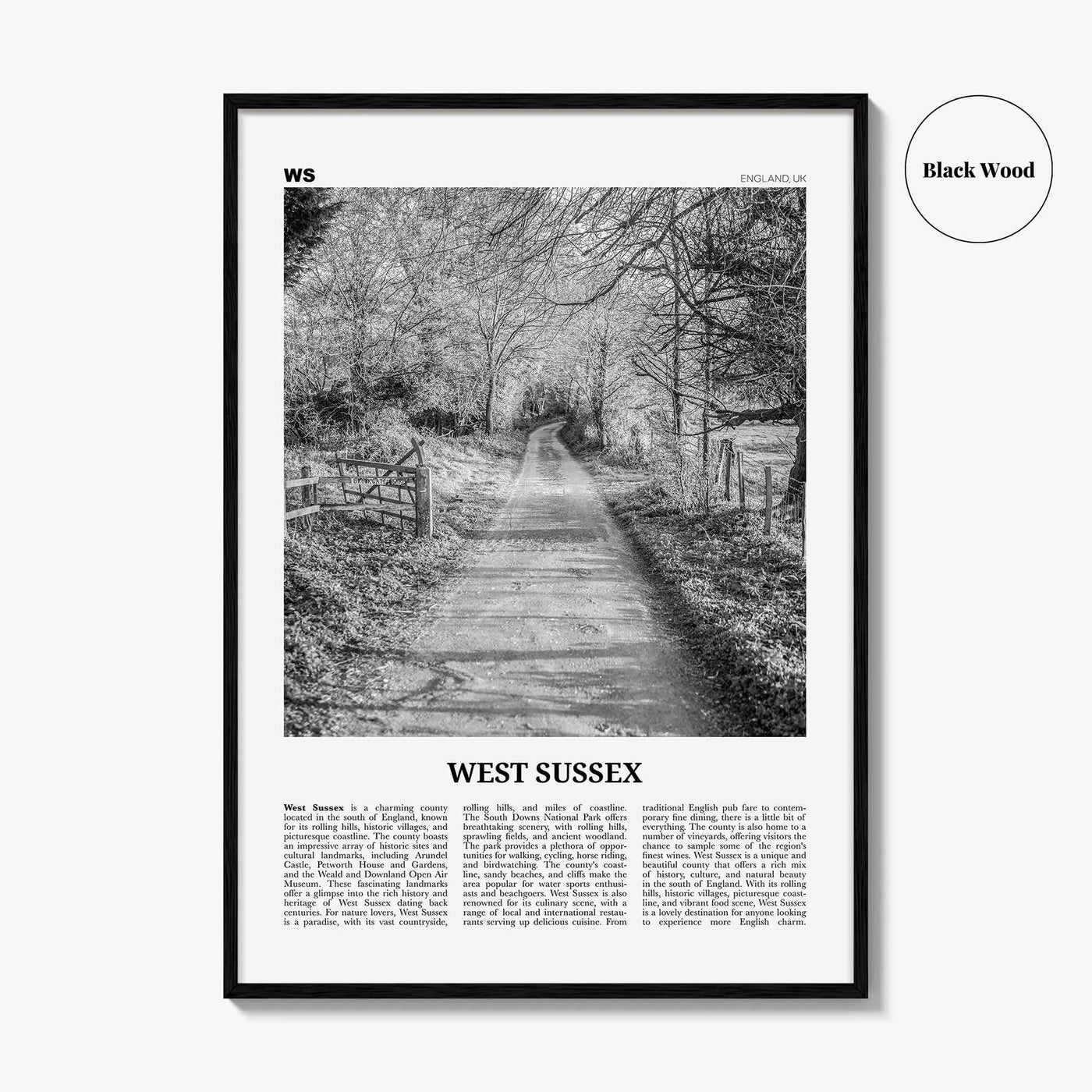 West Sussex Print Black and White, West Sussex Wall Art, West Sussex Poster, West Sussex Photo, West Sussex Map, England, UK, United Kingdom