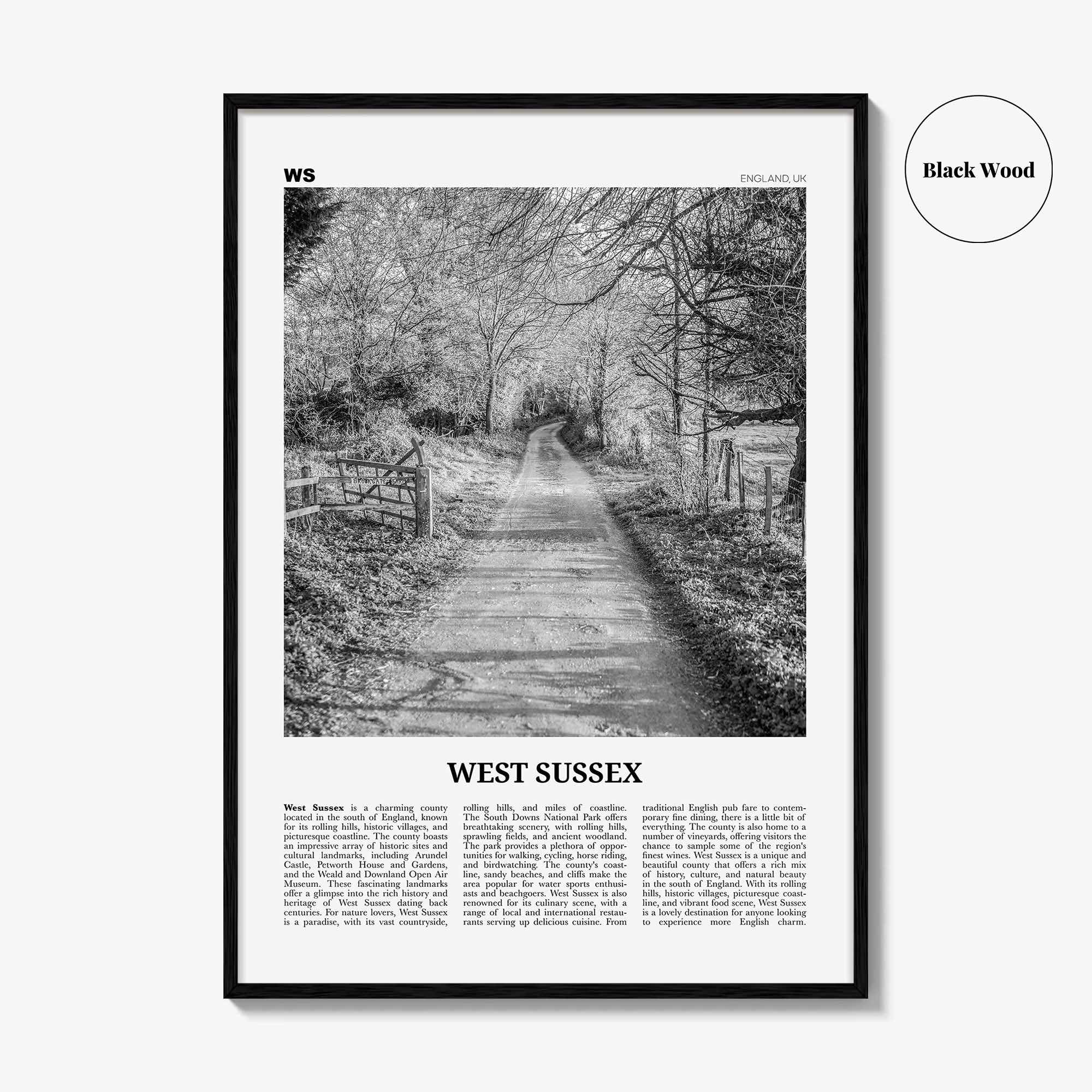 West Sussex Print Black and White, West Sussex Wall Art, West Sussex Poster, West Sussex Photo, West Sussex Map, England, UK, United Kingdom