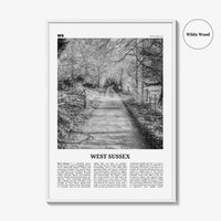 West Sussex Print Black and White, West Sussex Wall Art, West Sussex Poster, West Sussex Photo, West Sussex Map, England, UK, United Kingdom